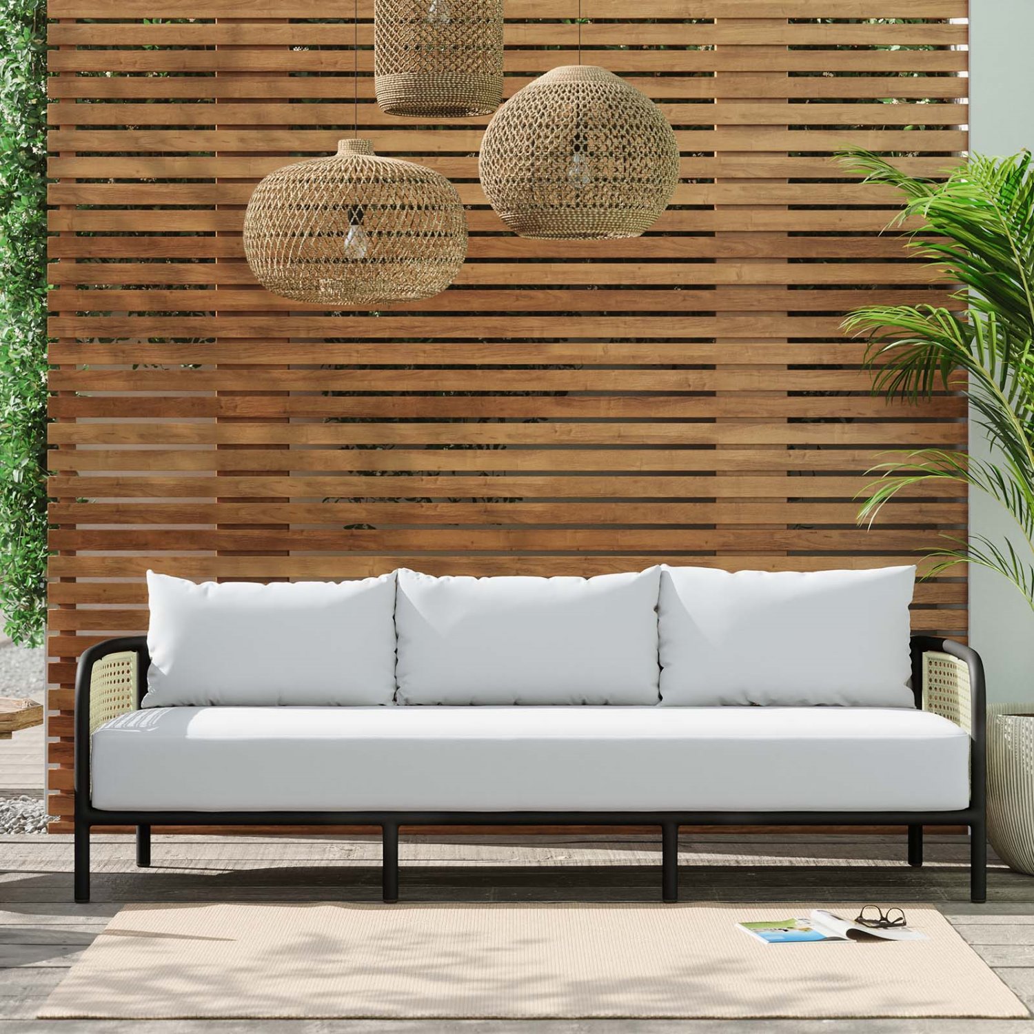 Lounge Sofa, White, Rattan, Wicker, Outdoor Patio Balcony Cafe Bistro Garden Hospitality Restaurant, Modern Contemporary HB33602