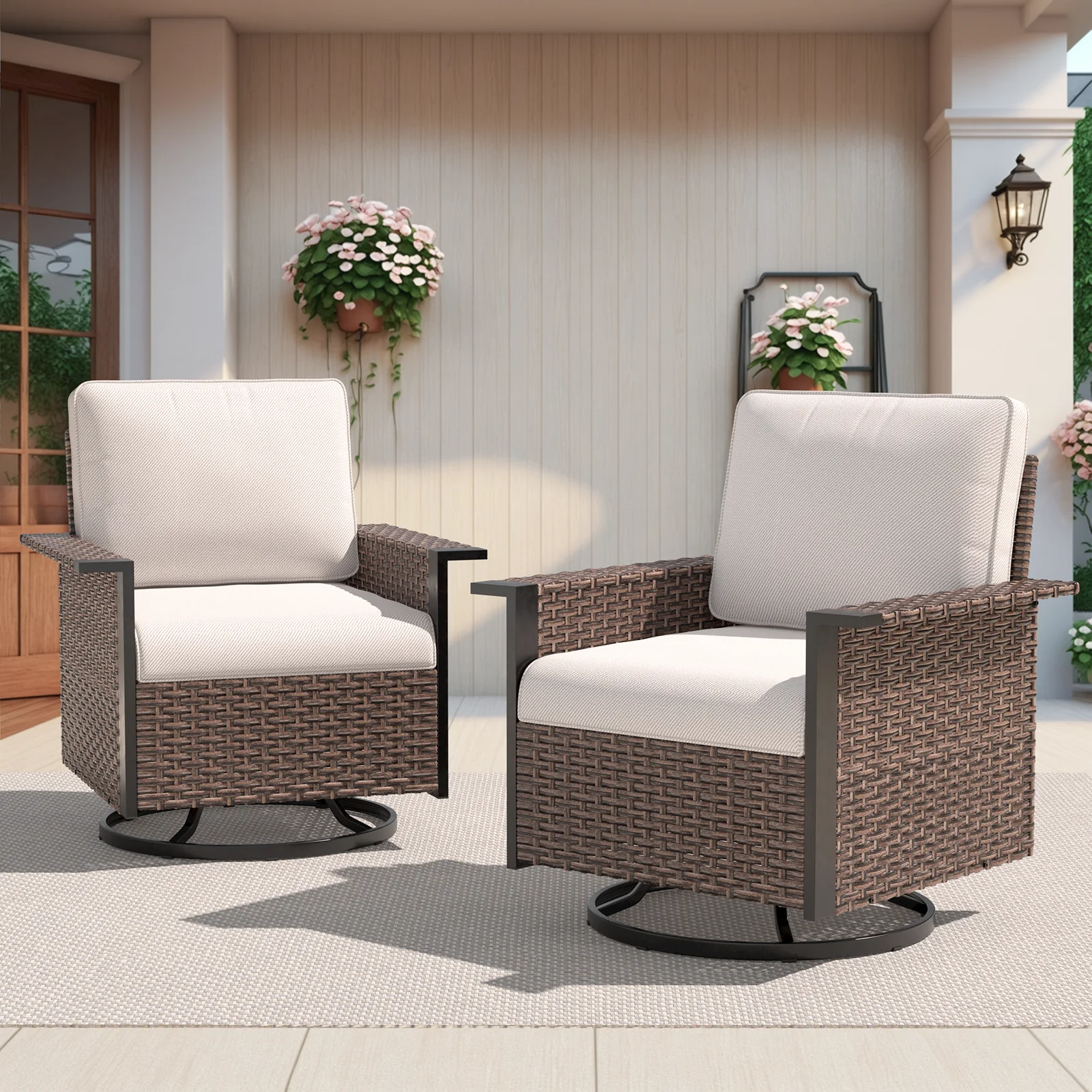 Buenhomino Outdoor Swivel Rocker Patio Chairs Set of 2, Wicker Patio Furniture Set with High Back and Seagull-Shaped Armrests for Outside Porch, Backyard, Balcony, Beige Cushion