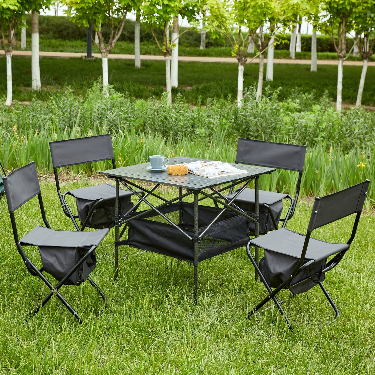 Convenient and Stylish Black/Gray Outdoor Folding Table and Chairs Set - Ideal for Camping  Picnics  Beach  Backyard BBQs  Parties  and Patio - Set of 5 for Indoor and Outdoor Use to Enha