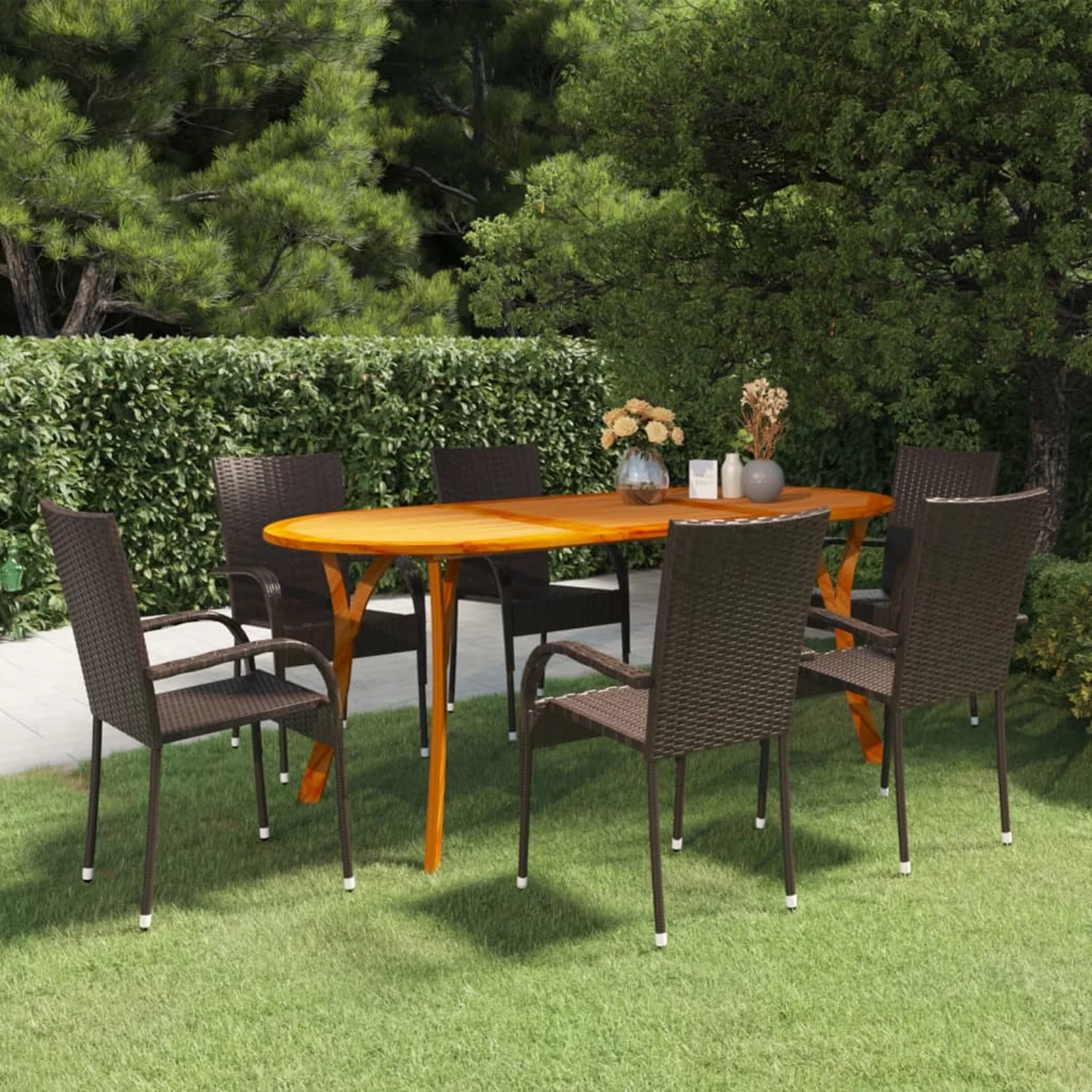 Anself 7 Piece Patio Dining Set Acacia Wood Garden Table and 6 Dining Chairs Brown Poly Rattan Steel Frame for Garden, Backyard, Balcony, Lawn
