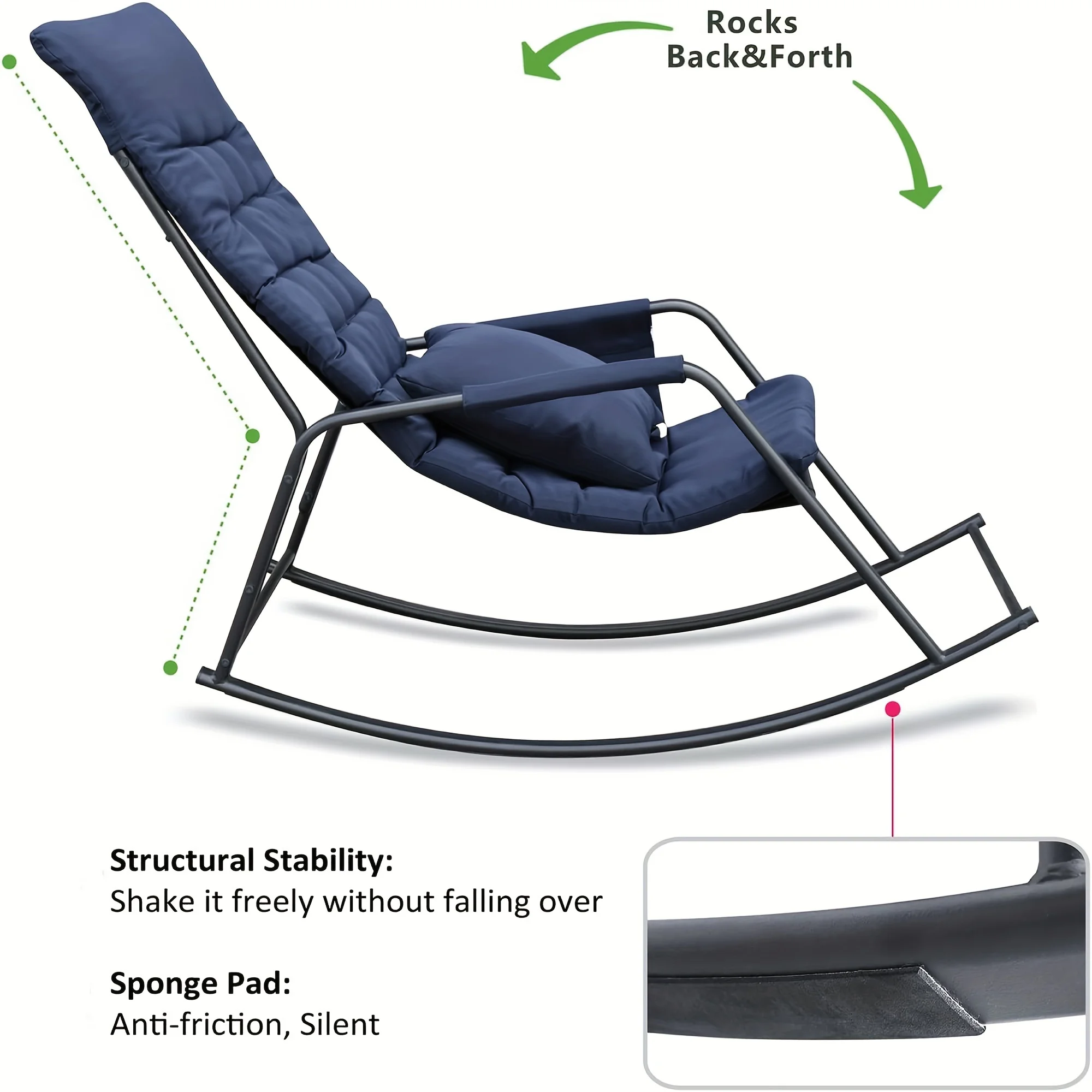 Indoor Outdoor Rocking Chair, Modern Cozy Leisure Rocking Chair with Pillow and Cushion for Living Room, Bedroom, Porch, Balcony (Navy Blue)
