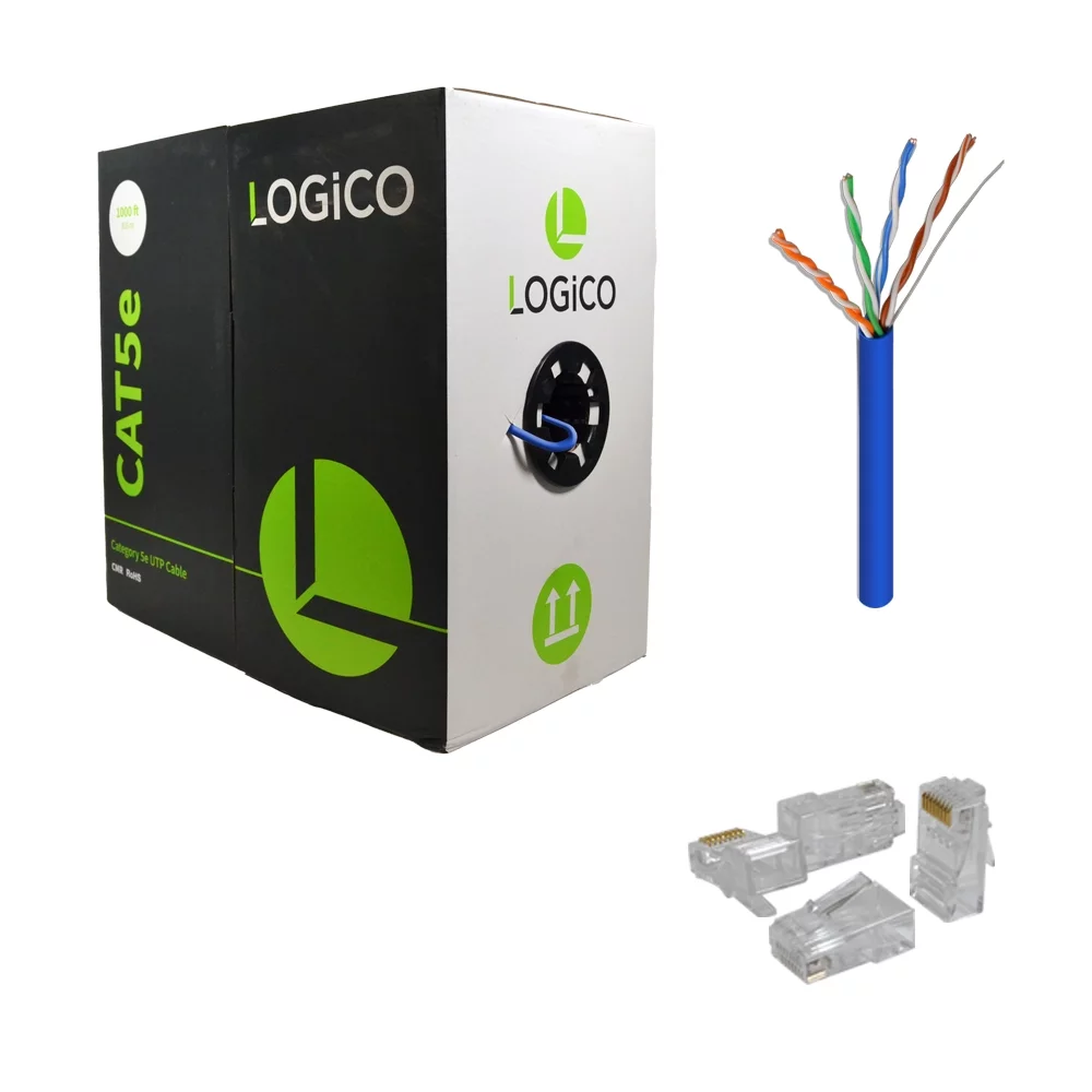 Cat5e UTP Riser CMR Cable 1000FT Blue + 100 Piece Cat5e RJ45 Plugs Kit