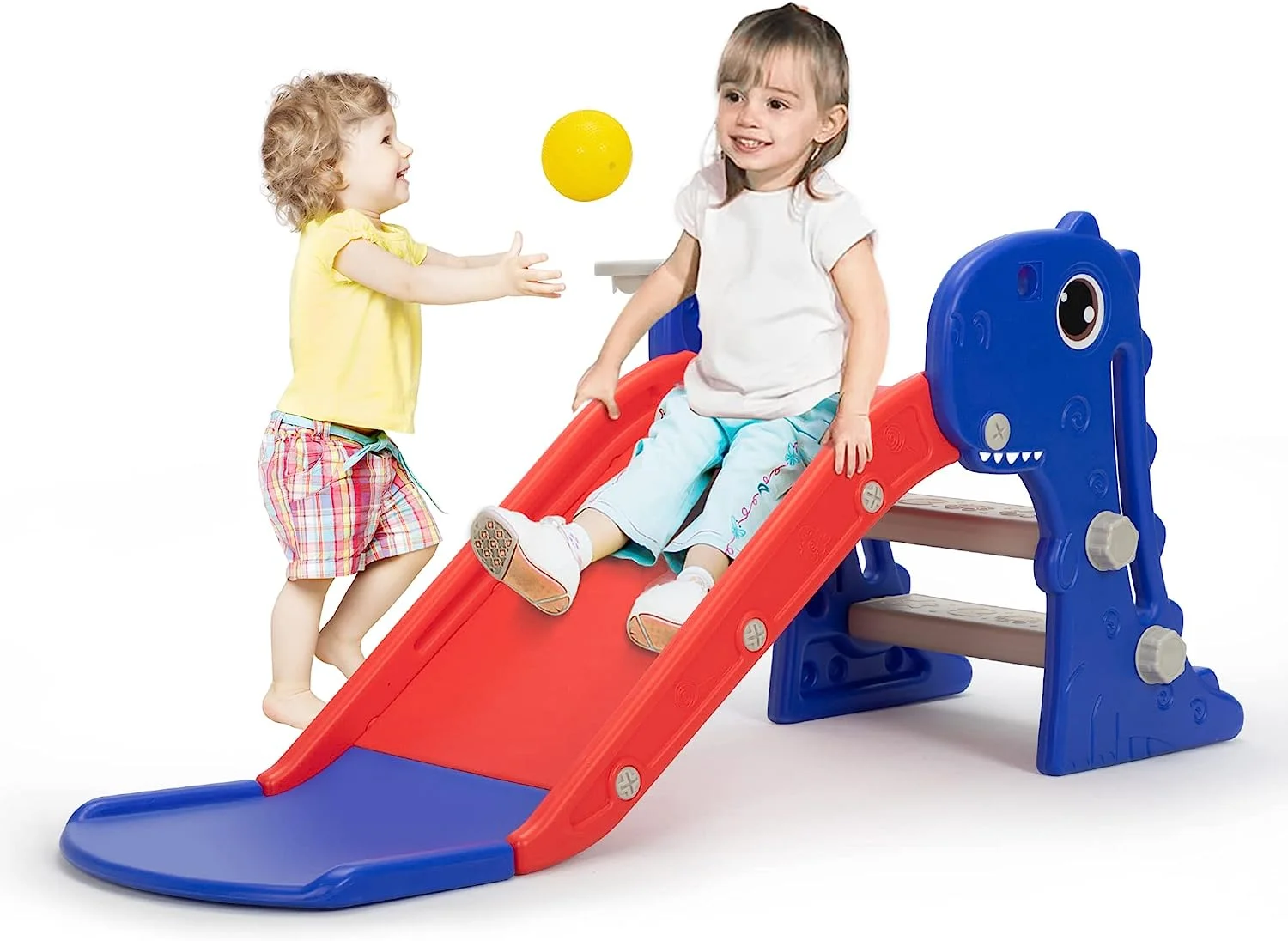 3 in 1 Toddler Slide, Folding Baby Slide Climber Playset with Basketball Hoop and Ball, Indoor and Outdoor Playground for Kids
