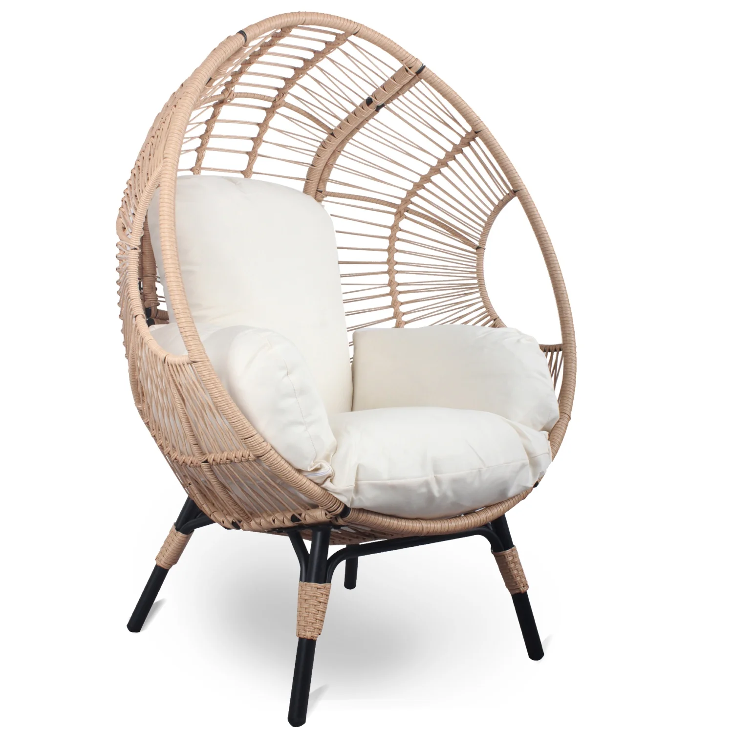 Ideal for ultimate outdoor relaxation and comfort  this elegant and stylish Model 2 Rattan PE Wicker Egg Chair features a natural color finish and comes with a beige cushion. Enjoy the pe