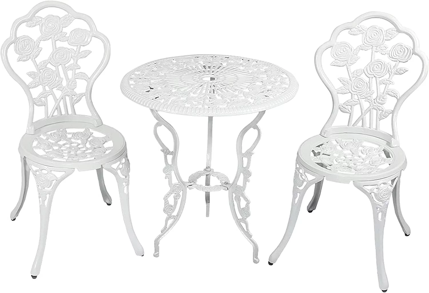 Flower Designed Bistro Table Set with 2 Chairs, Outdoor Cast Aluminum, White