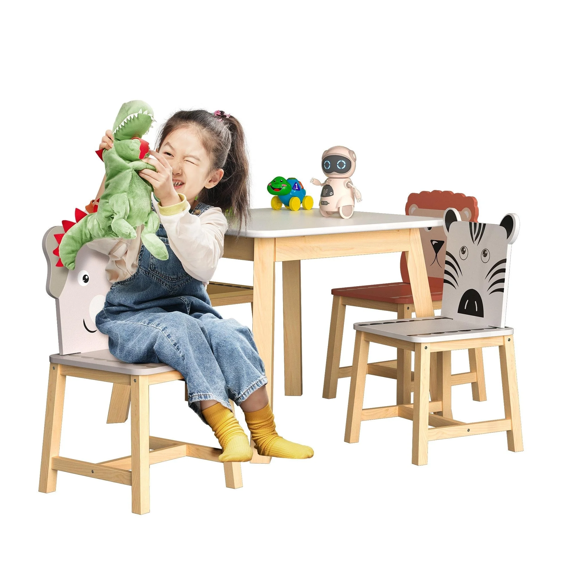 Modern 5 Piece Kiddy Dining Table Sets with Kids Soild Wood Dining Table and Cartoon Animals Chairs, for Living Room