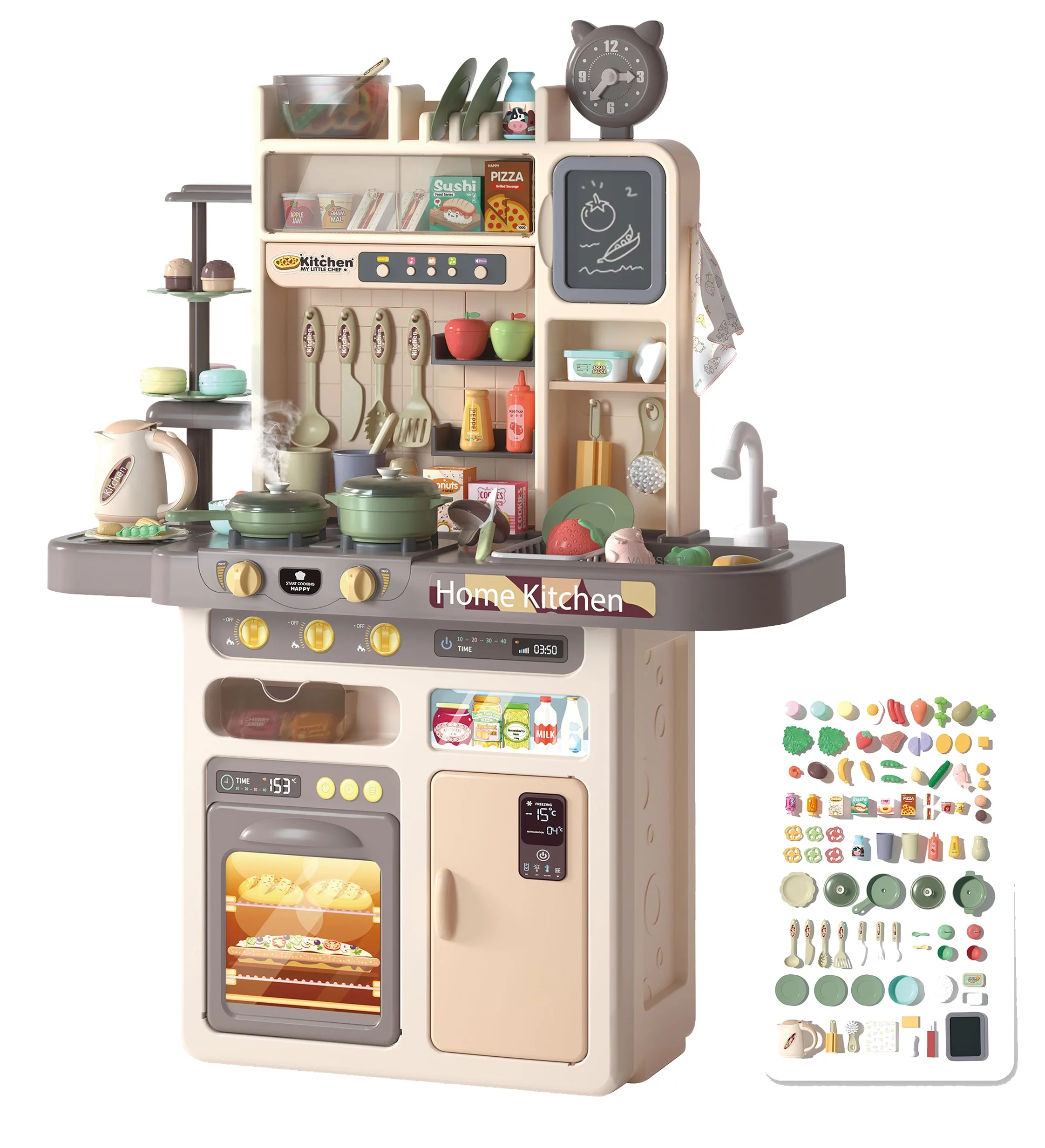 Kitchen Set for Kids 87 Pcs Gray, Big Modern Kitchen Set for Toddlers VALESSATI +3 Years