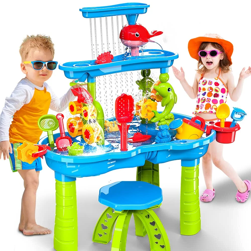 VATOS 3-Tier Sand Water Table for Toddlers Kids, 40 Pcs Outdoor Sand and Water Play Table Toys for Kids  Activity Sensory Table Summer Beach Outside Toys for Toddlers Age 3-5 Boys Girls