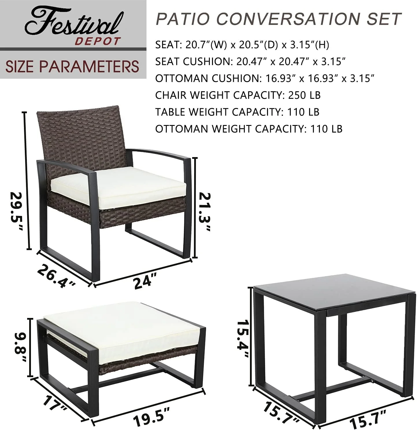 Patio Conversation Set with Rattan Chairs, Ottoman,  Glass Top Side Table |
