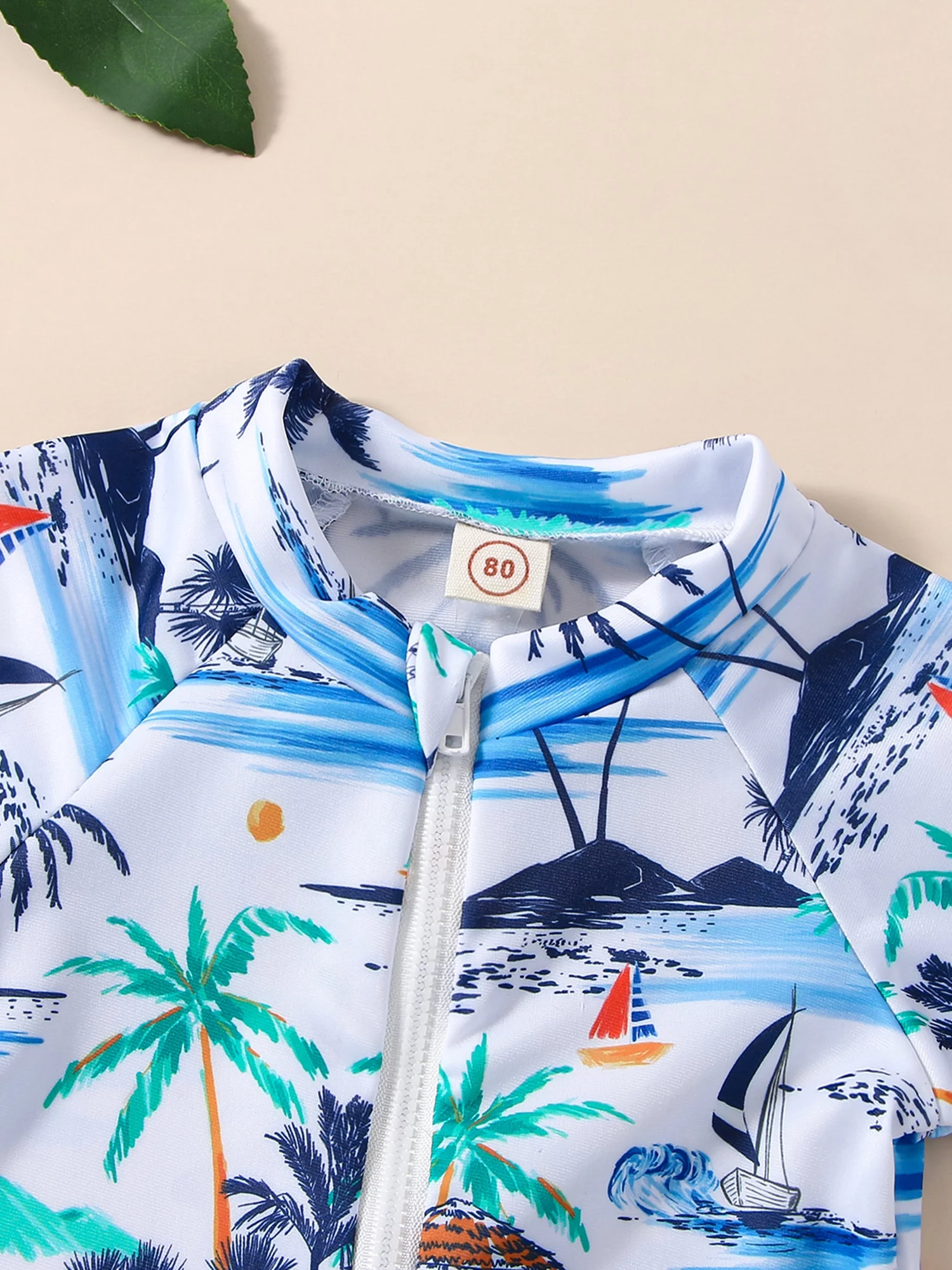 HOANSELAY Boy Romper Swimsuit, Long Sleeve Stand Neck Zipper Coconut Tree Beach Print Beach Swimwear Jumpsuit