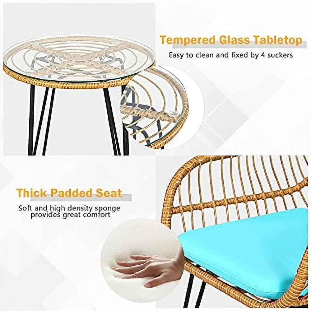 TQNJYGX 3 Pieces Rattan  with Steel Frame Round Coffee Table  Soft Cushions  Rattan Bistro  Set