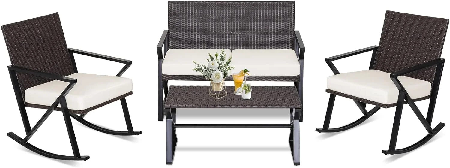Dina 4 Piece Patio Rocking Furniture Set  Patiojoy Heavy Duty PE Wicker Loveseat with 2 Rocking Chairs & 1 Coffee Table  Outdoor Rattan Conversation Set for Porch  Poolside  Balcony