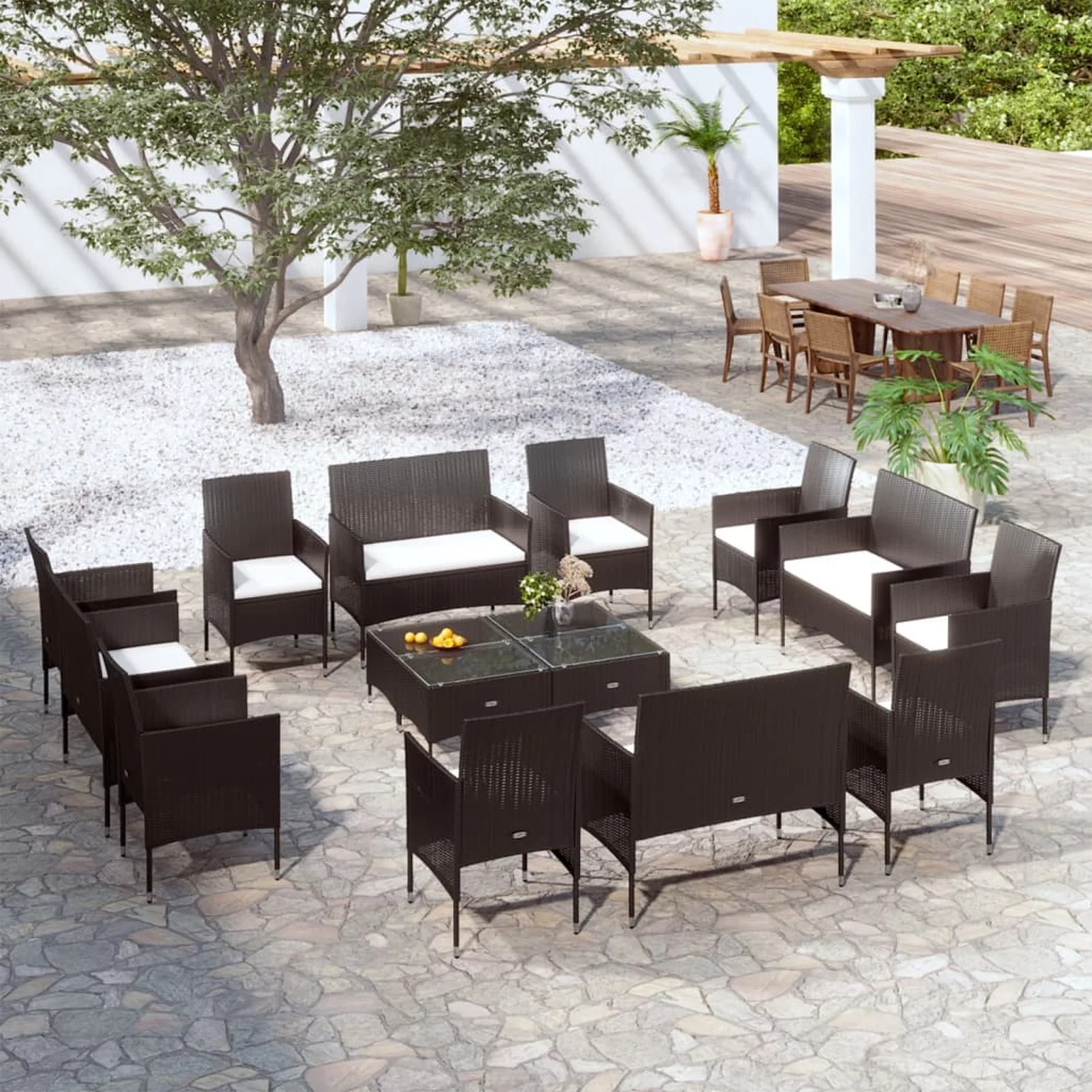 Dcenta 16 Piece Patio Conversation Set Cushioned 4PSC 2-Seater Sofa with 8 Armchair and 4 Tables Black Poly Rattan Sectional Outdoor Furniture Set for Garden, Backyard, Balcony