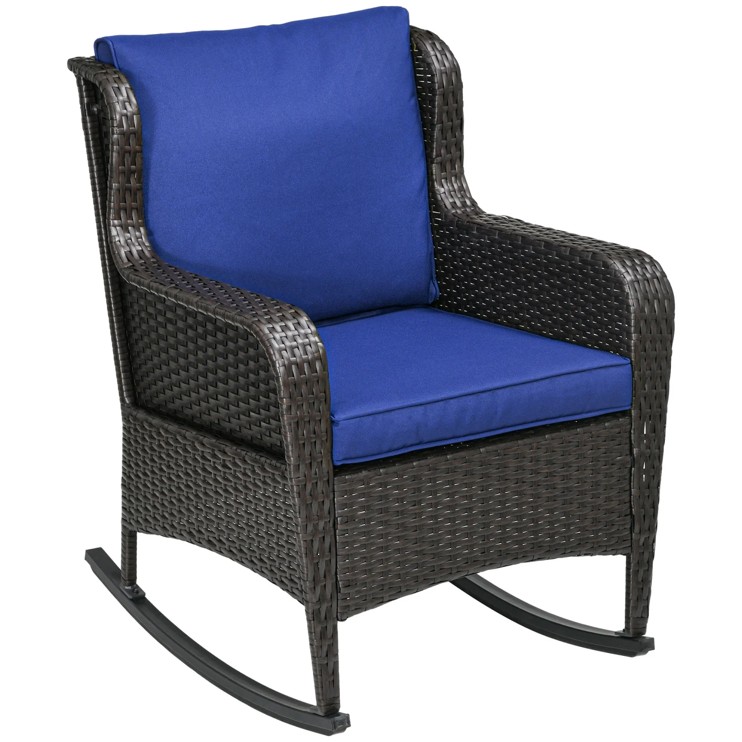 LEIYEHOOM Outdoor Wicker Rocking Chair with Wide Seat  Thick Cushions  Rattan Rocker with Steel Frame  High Weight Capacity for Patio  Garden  Backyard  Dark Blue