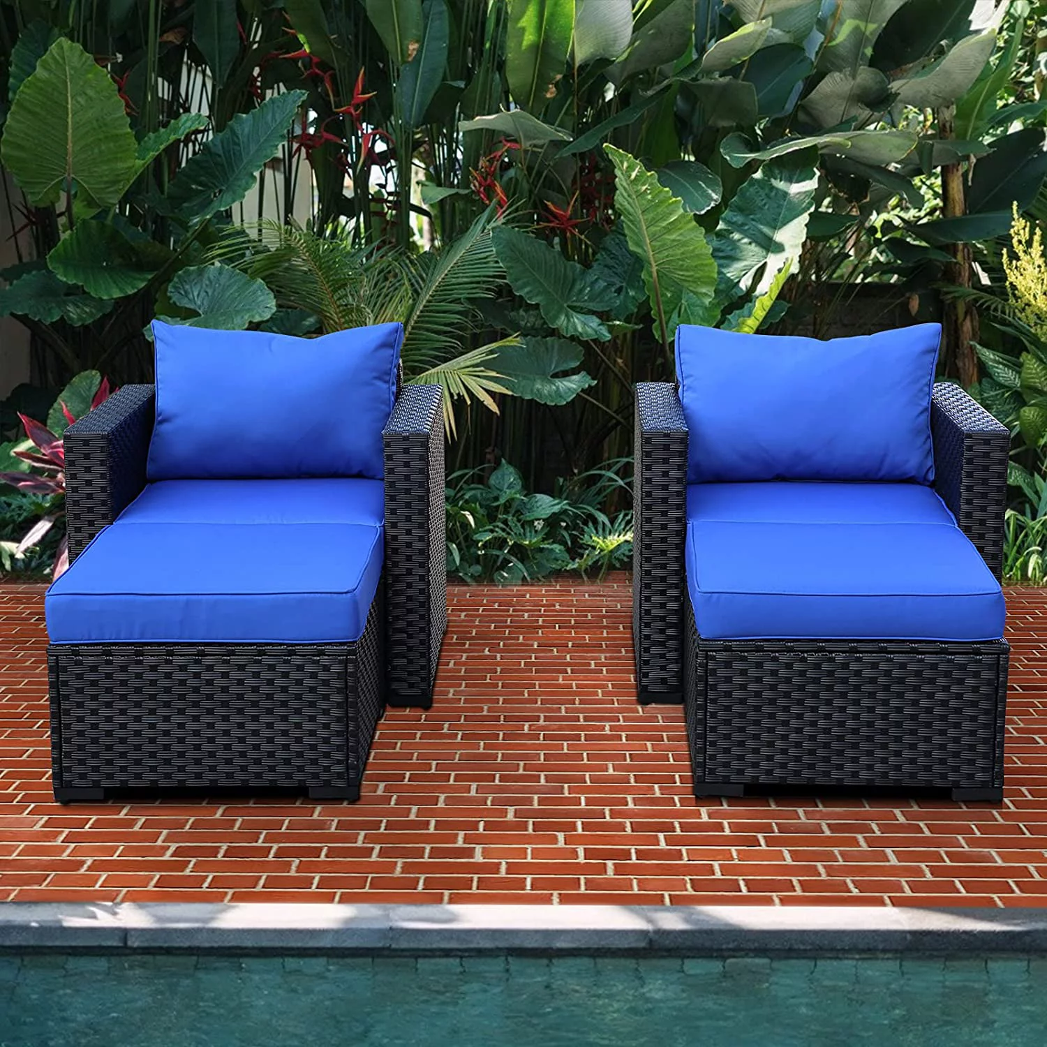 Furniture Sectional Sofa 4 Pieces  Outdoor Wicker Furniture Set Armrest Chairs Ottomans with Turquoise Cushions and Furniture Covers  Black Rattan