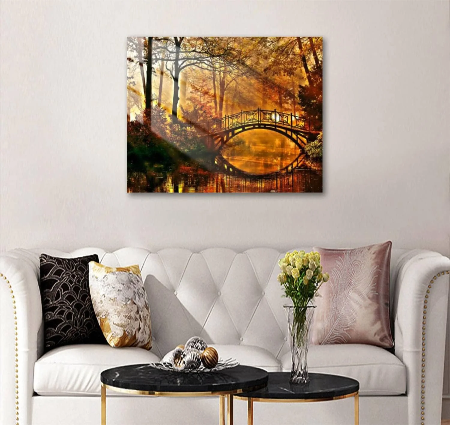 HelloGlass Tempered Glass Wall Art Prints rivers water flows slowly autumn forest Modern Wall Painting Artwork Free Floating Glass Home Decor for Living Room Bedroom Office 12x8inch