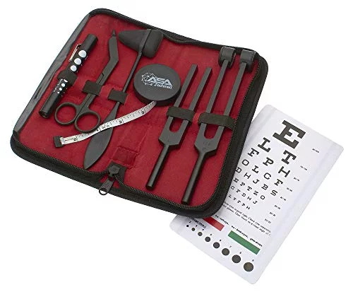 Set of 7 pcs Tactical Black Diagnostic Reflex Percussion Kit - Taylor Hammer, Body Measuring Tape, Tuning Fork Set, Bandage Scissors 5.5