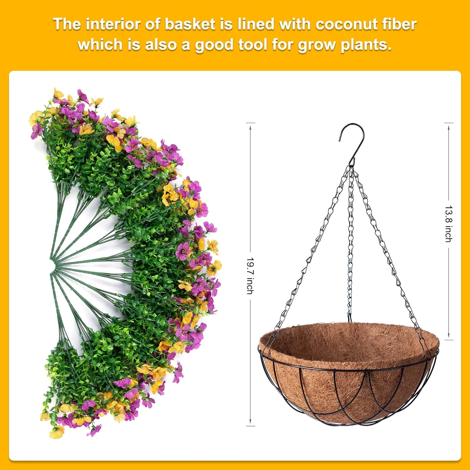 Artificial Flowers Hanging Basket for Outdoor Indoor,Daisy with Eucalyptus Leaves Arrangement for Garden Yard Spring Summer Decor,Faux Green Plant in Metal Coconut Lining Pot(Purple-Yellow)