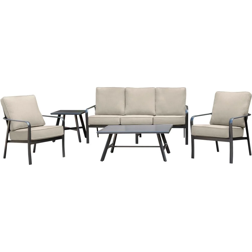 Hanover Cortino 5-Piece Commercial-Grade Patio Seating Set with 2 Cushioned Club Chairs, Sofa, and Slat-Top Coffee and Side Table
