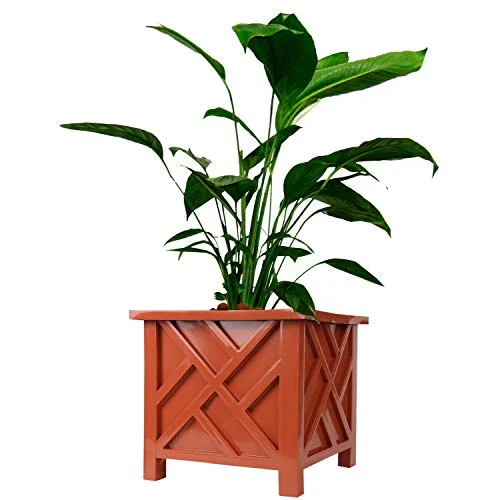 Chippendale Planter Box, Brown – Plant Holder for Garden, Patio and Lawn – 14 ¾” sq. x 13 ¼ H Overall