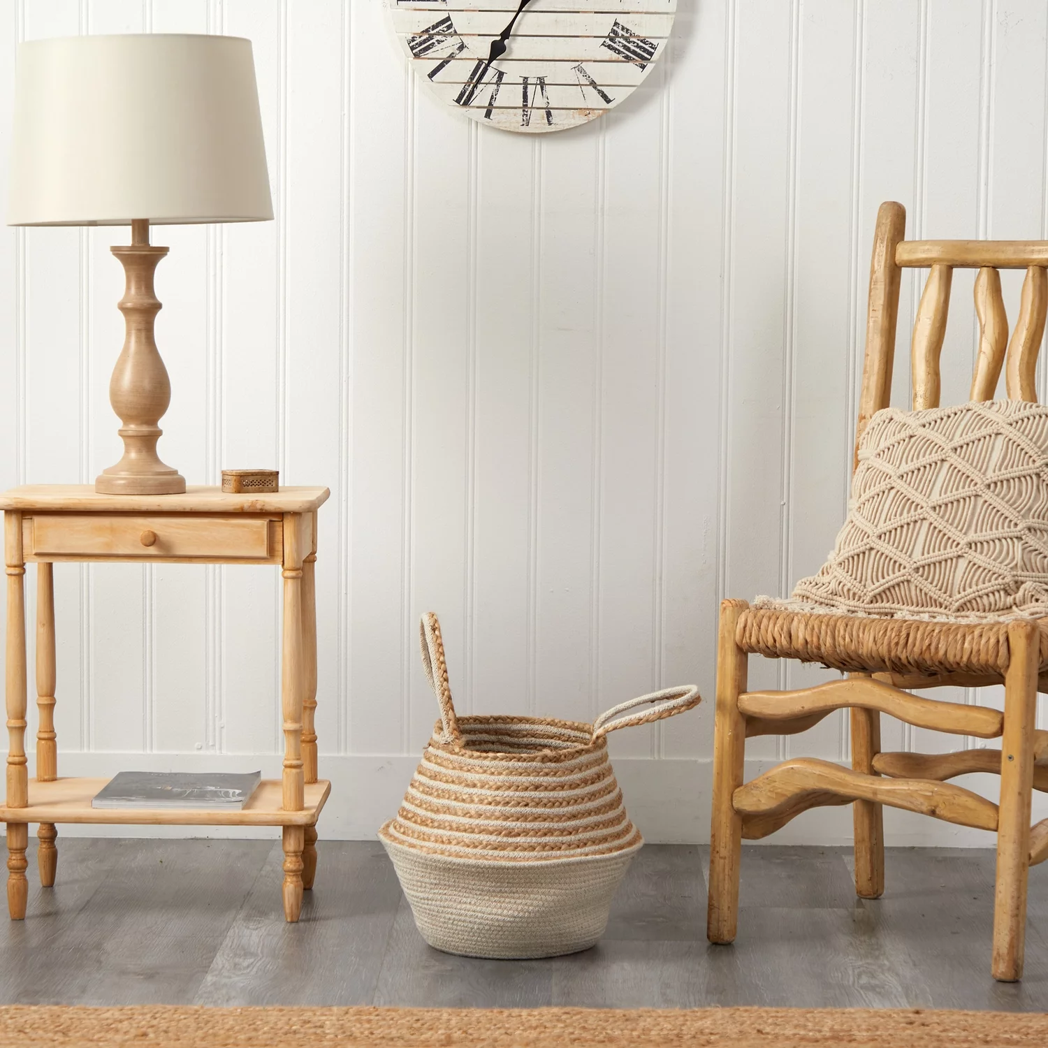 Nearly Natural 14in. Boho Chic Belly Basket Natural Jute and Cotton Basket Planter