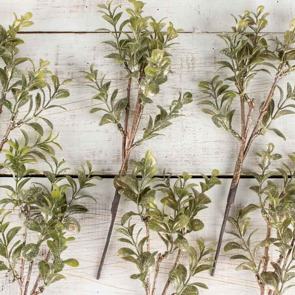 Group Of 12 Artificial Glittered Christmas Boxwood Stems For Flower Arrangements Wreaths Or Porch Pots - 11 Inches