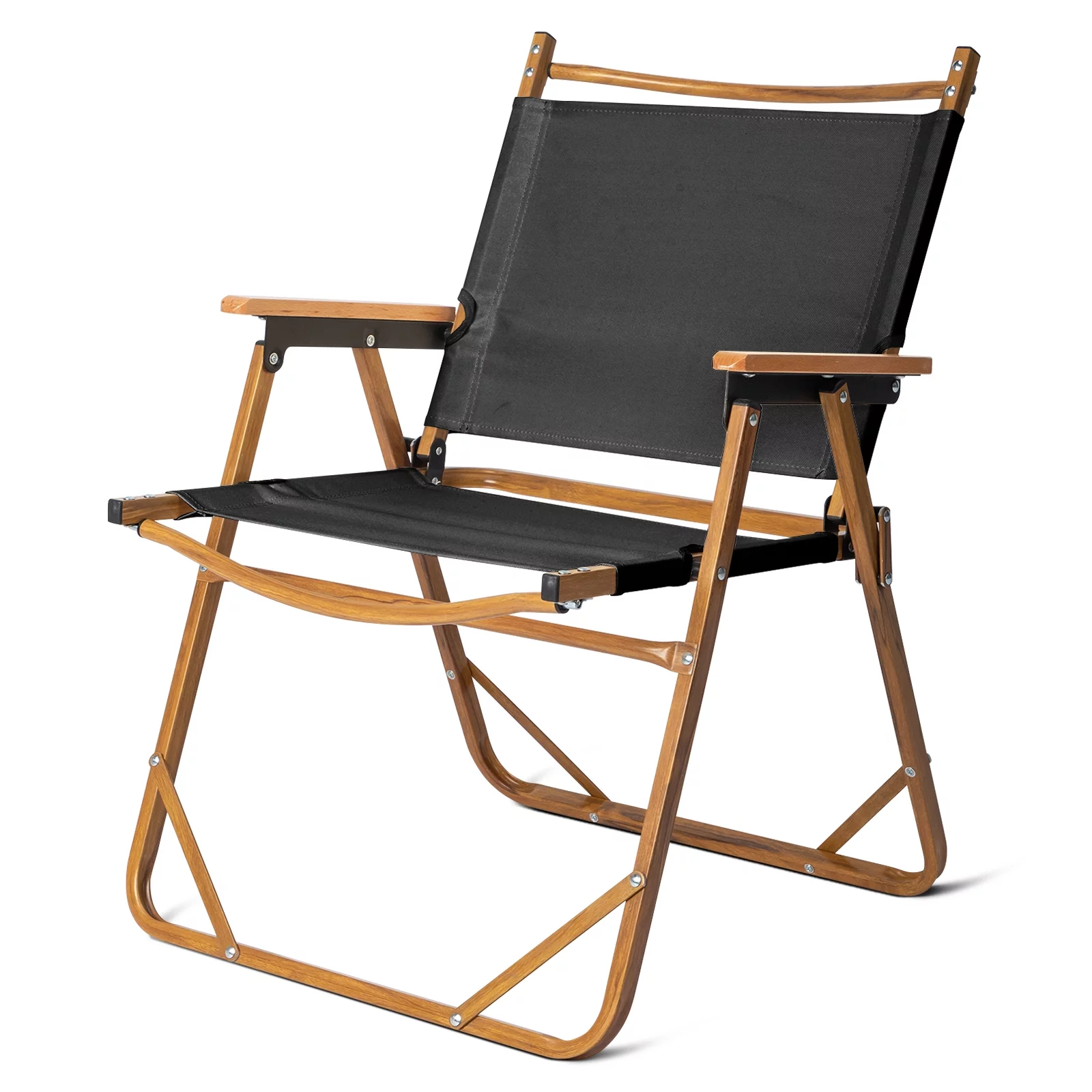 Large Aluminum Frame Camping Chair with 100kg Capacity, Khaki Oxford Fabric, Imitation Wood Grain Spray Paint - Black