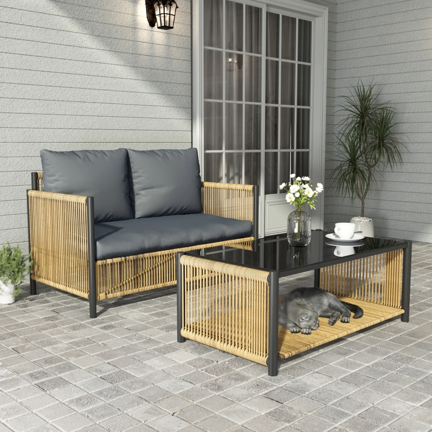 New Arrival Stylish Brown Wicker Outdoor 2-Seater Sofa Set with Grey Cushions and Table Included for Your Patio Retreat
