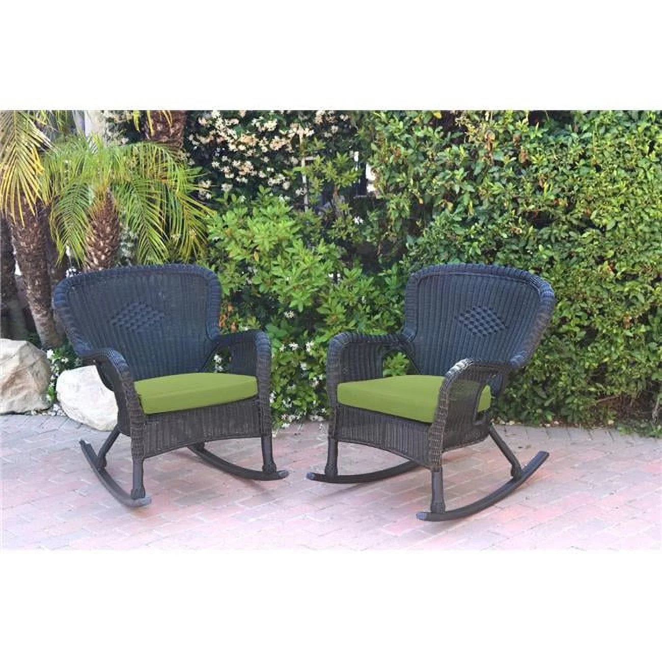 W00214-R-2-FS029 Windsor Black Resin Wicker Rocker Chair with Green Cushion - Set of 2