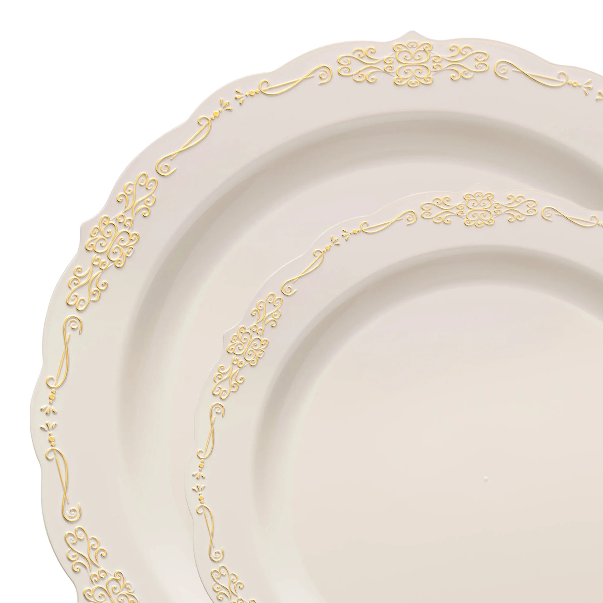 Smarty Ivory with Gold Vintage Rim Round Disposable Plastic Dinnerware Value Set 240ct