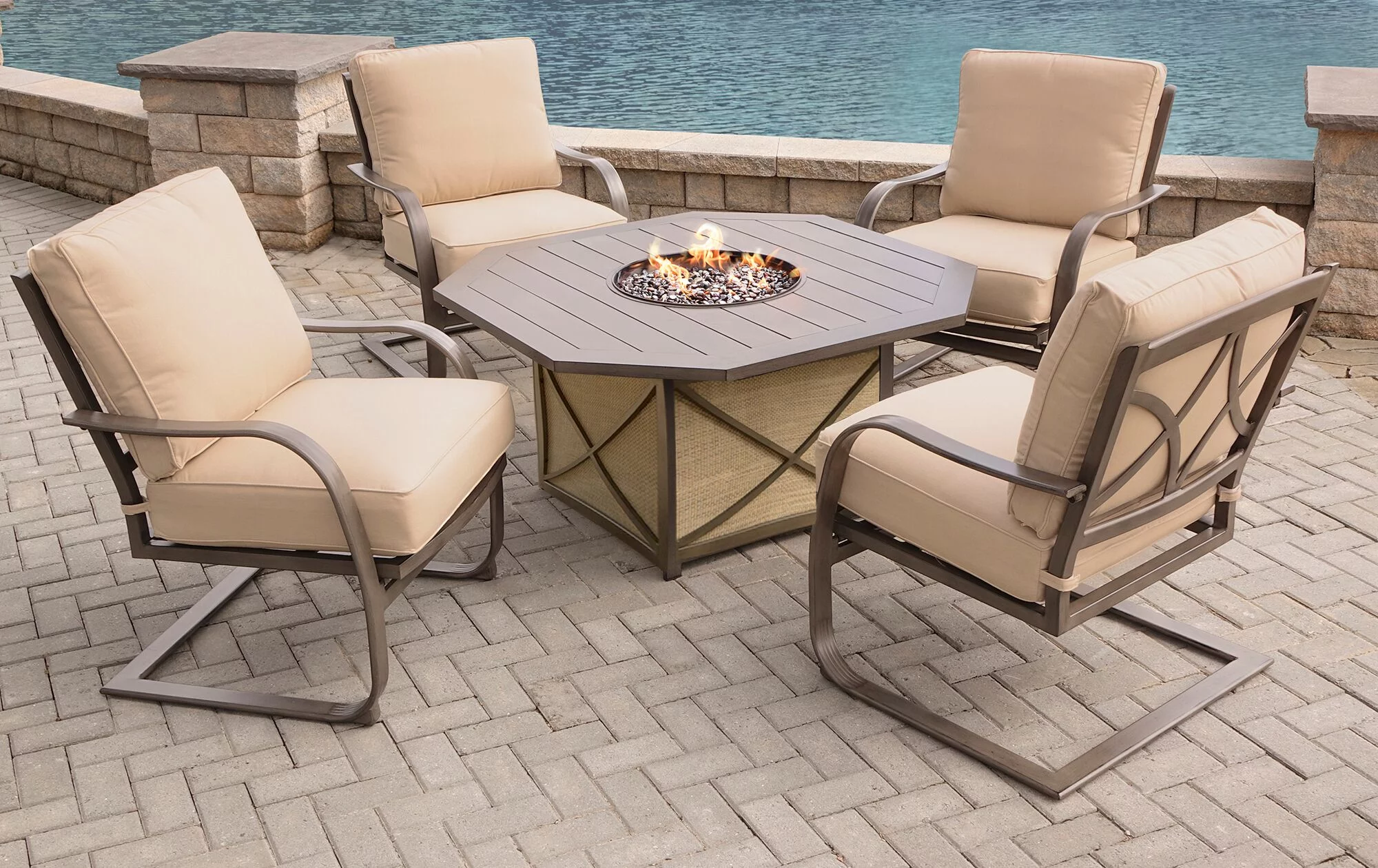 Outdoor Living and Style Contemporary Fire Pit Table Set - 5-Piece - Brown with Beige Spring Chairs