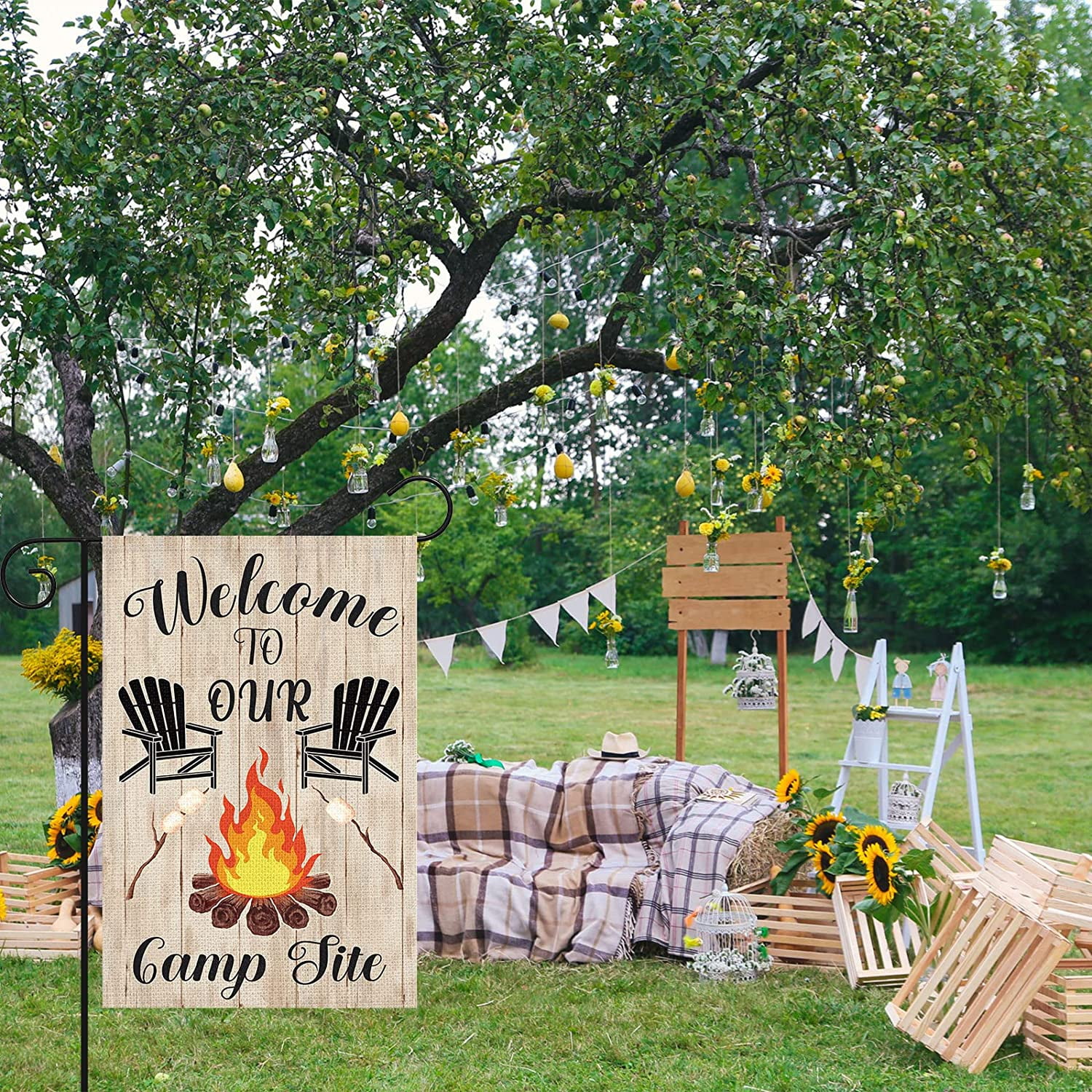 Camper Camping Garden Flag for Campsite Vertical 12x18 Double Sided, Welcome to Our Camp Site Small Camping Flags Outdoor Fire Pit Camper Camping Campsite Decoration (ONLY FLAG)