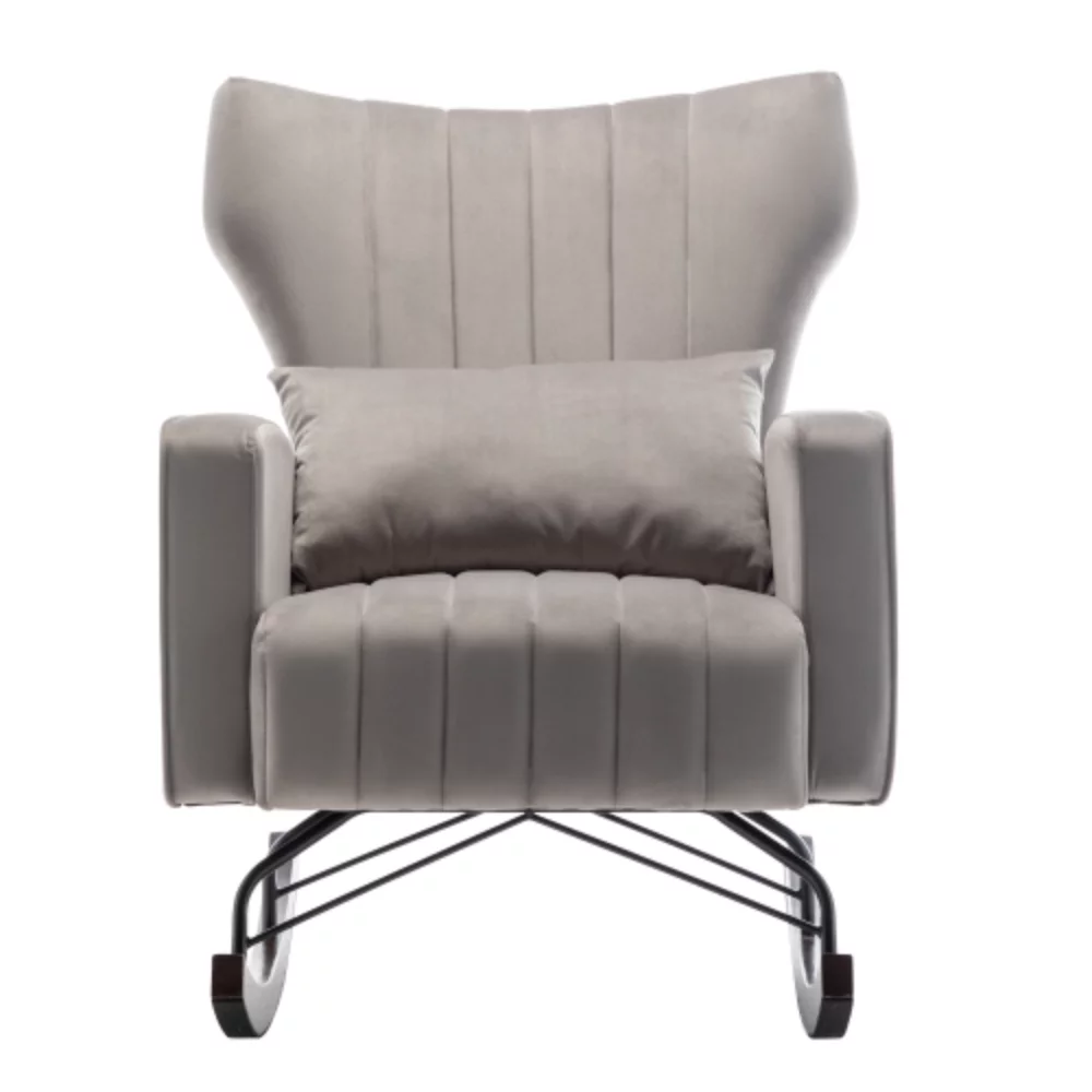 Accent Rocking Chair with with Solid Metal Legs, Upholstered Comfy Glider Rocker for Reading, Bedroom and Living Room Grey + Velvet
