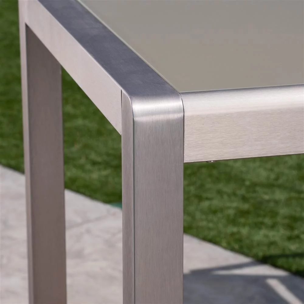 Gannon Outdoor 5 Piece Rust Proof Aluminum Bar Set with Mesh Seats and Tempered Glass Top Bar Table, Grey, Grey, Silver