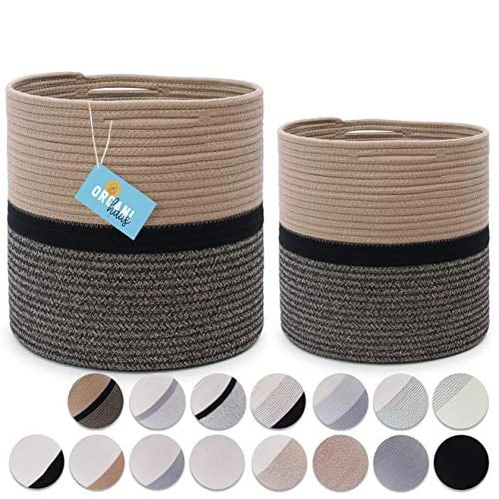2-Pack Stylish OrganiHaus Cotton Rope Planter Baskets for Indoor Plants | Storage Baskets for Crafts, Toys, Towels and More. Choose from 16 Exciting Styles (12x12 & 10x10 - Mixed Brown and Black)