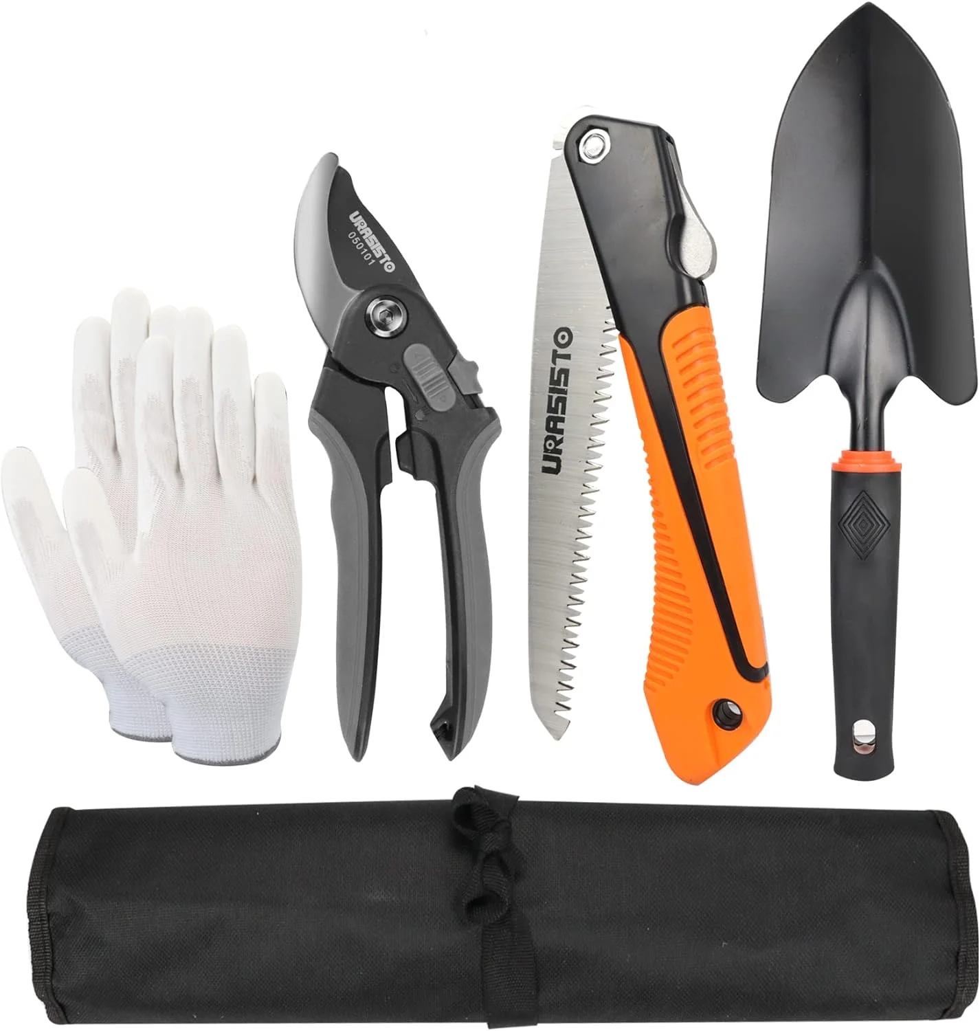Garden Tool Set 4 pcs Gardening Tool kit -Trowel, Folding Saw, Garden Pruner, Gardening Gloves,Roll Up Carry Bag Included, Ideal Garden Tool Kit Gifts for Women and Men