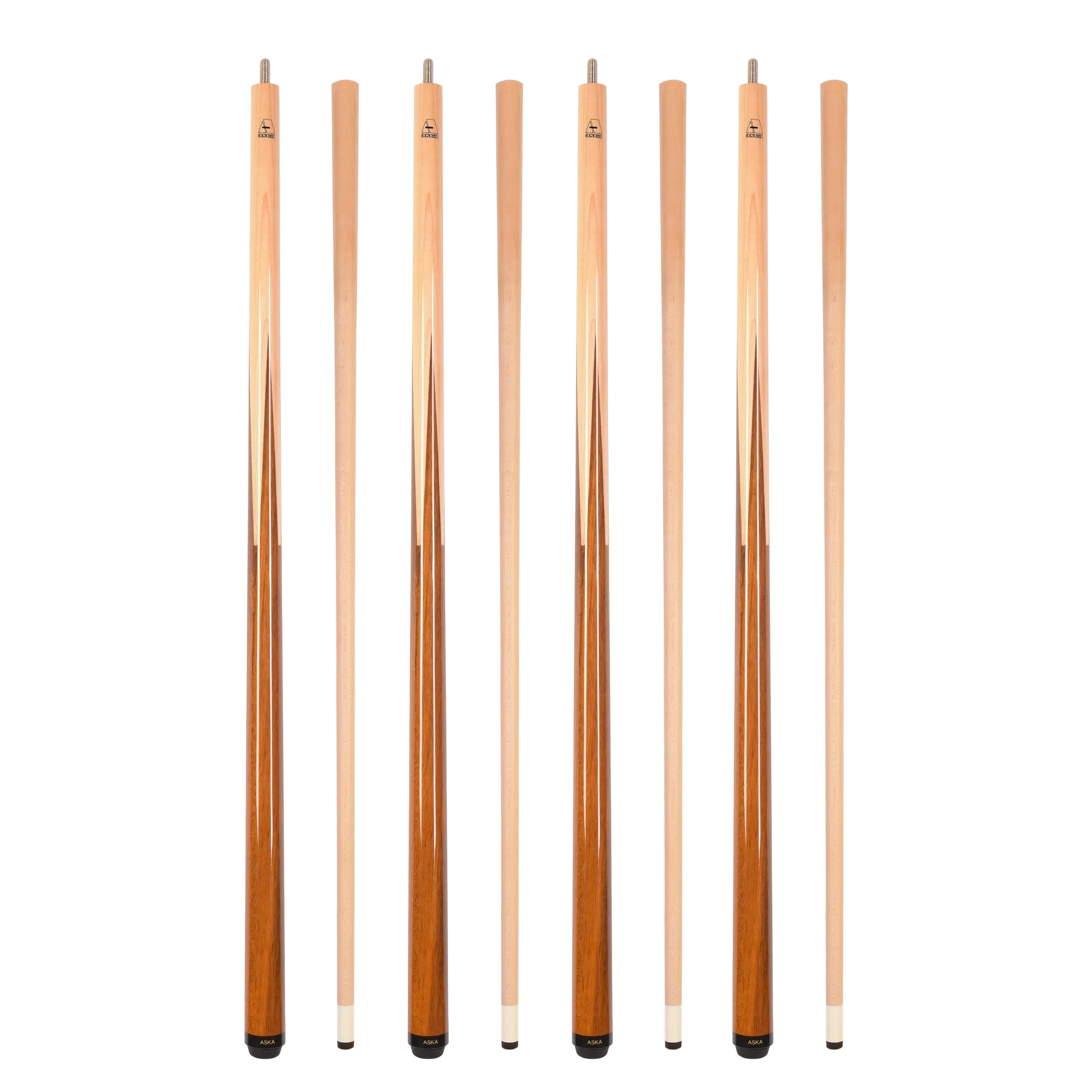 Set of 4 Aska SP1 Malaswood Sneaky Pete Billiard Pool Cue Sticks, 58 Hard Rock Canadian Maple, 13mm Hard Le Pro Tip, 2-Piece Construction. SP1S4