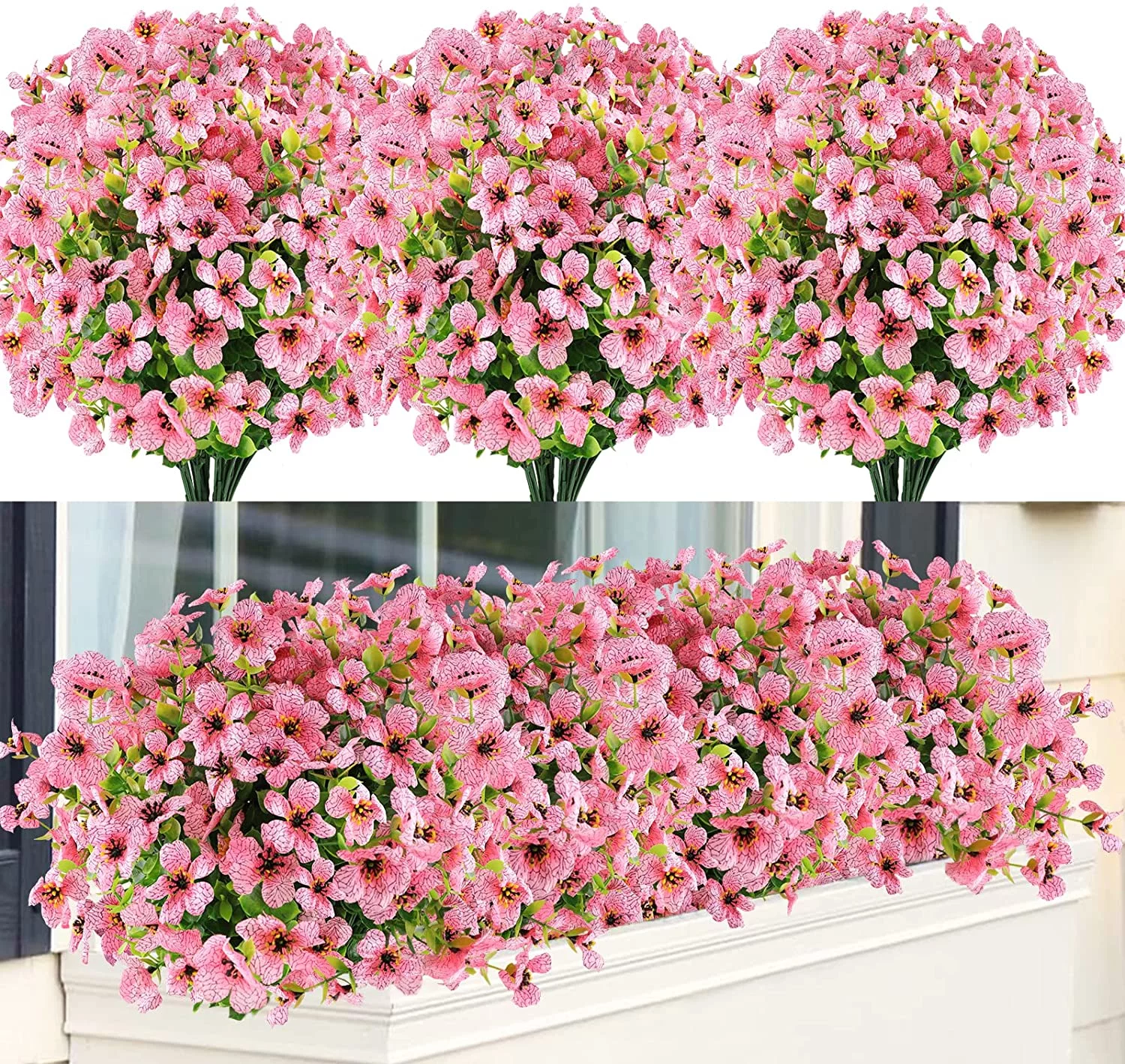 GRNSHTS 12 Bundles Artificial Flowers UV Resistant Fake Plants Outdoor Faux Plastic Flowers Garden Window Box Porch Home Decor (Pink)
