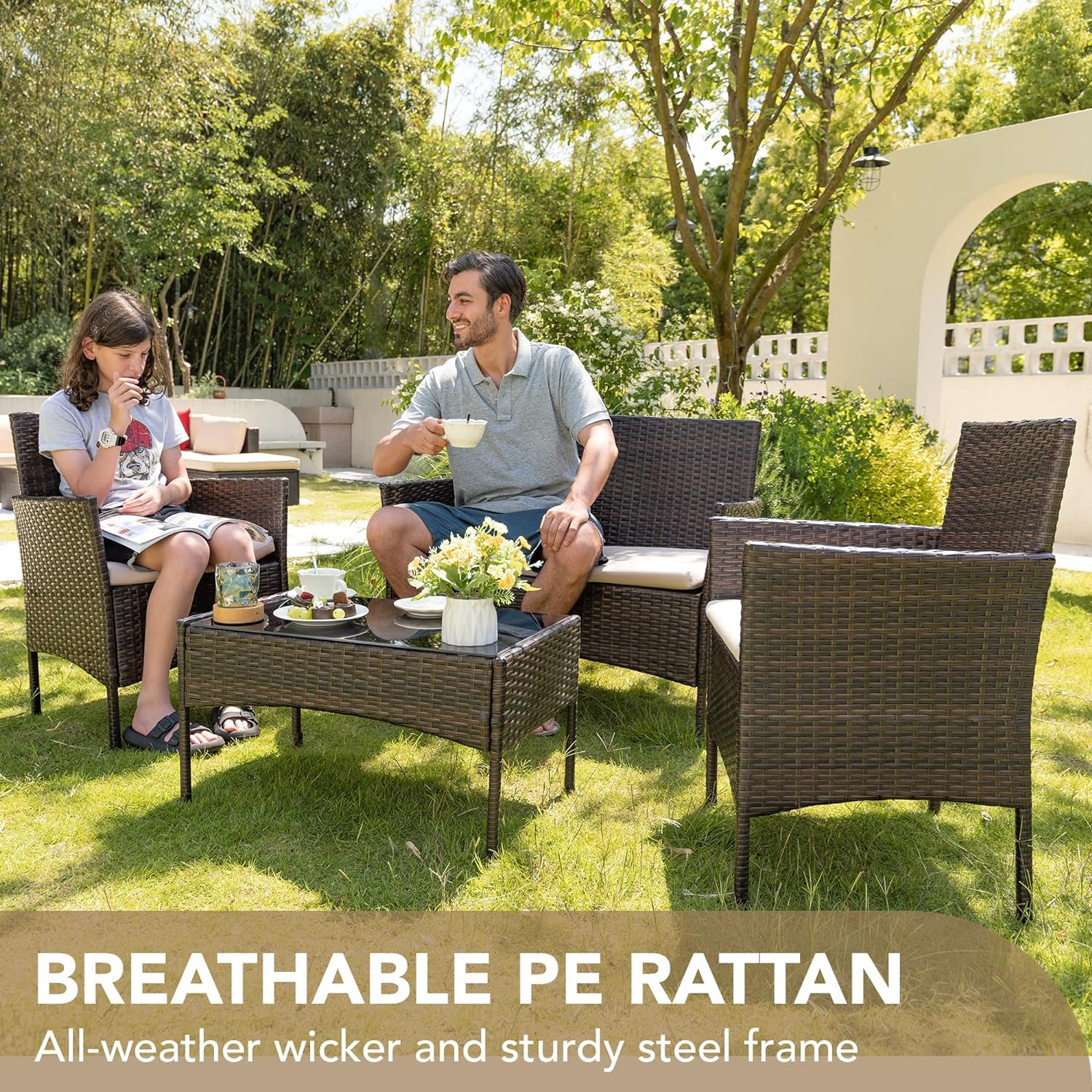 4 Pieces Outdoor Patio Furniture Set  PE Rattan Wicker Chairs Balcony Lawn Porch Patio Furniture Sets with Beige Cushion and Table (Brown)