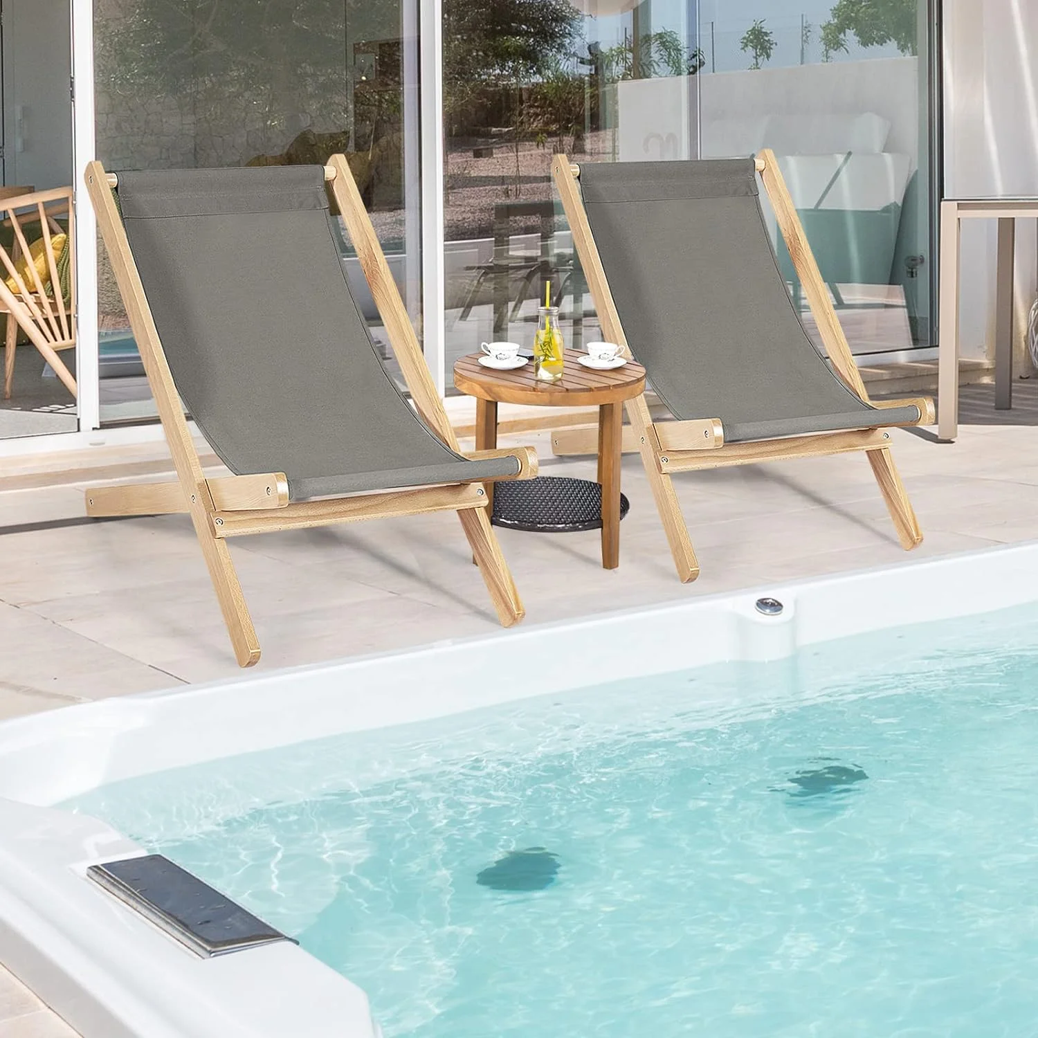 Folding Sling Chair, Outdoor Wood Portable Beach Chair with 3-Positions Adjustable Backrest, Patio Lounge Chair with Thick Cushion for Yard Poolside Balcony (1)