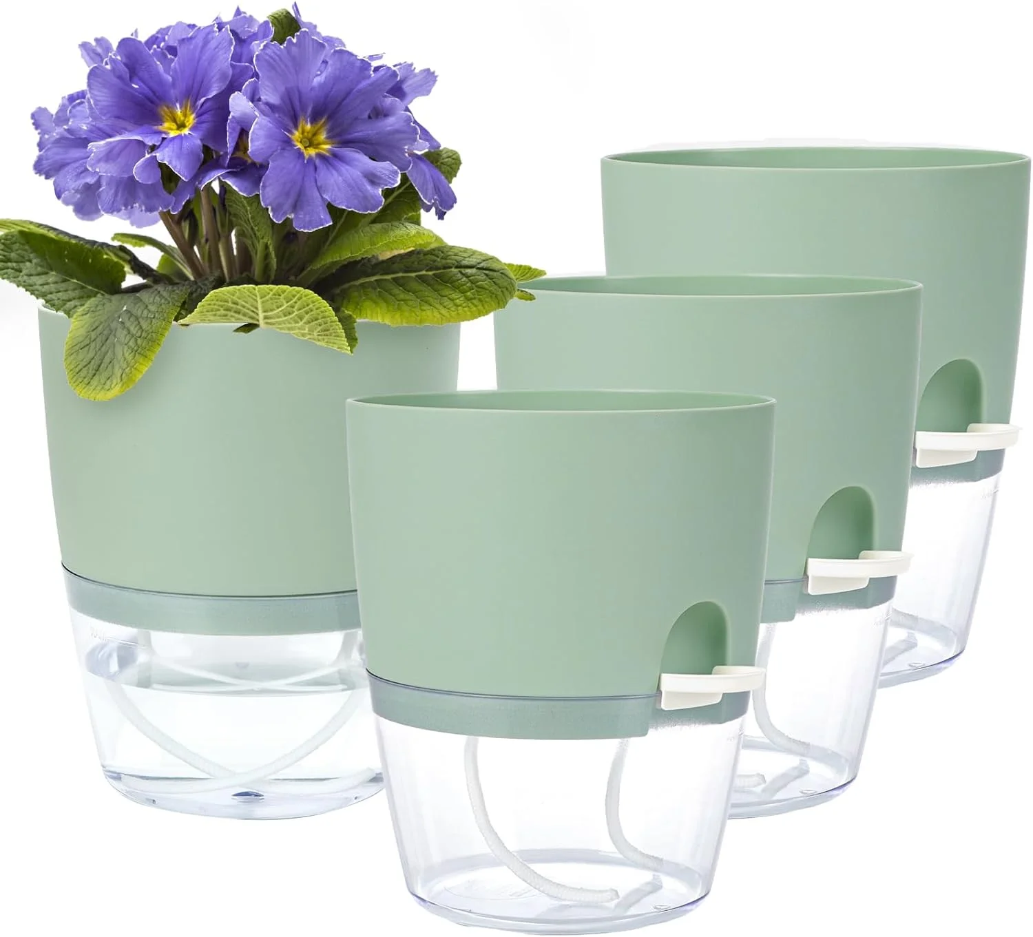 Fairy 4 Pack Plant Pots, African Violet Pots with Wick Rope, Plastic Self Watering Pots with Drainage Holes and Saucers, 6inches, Green