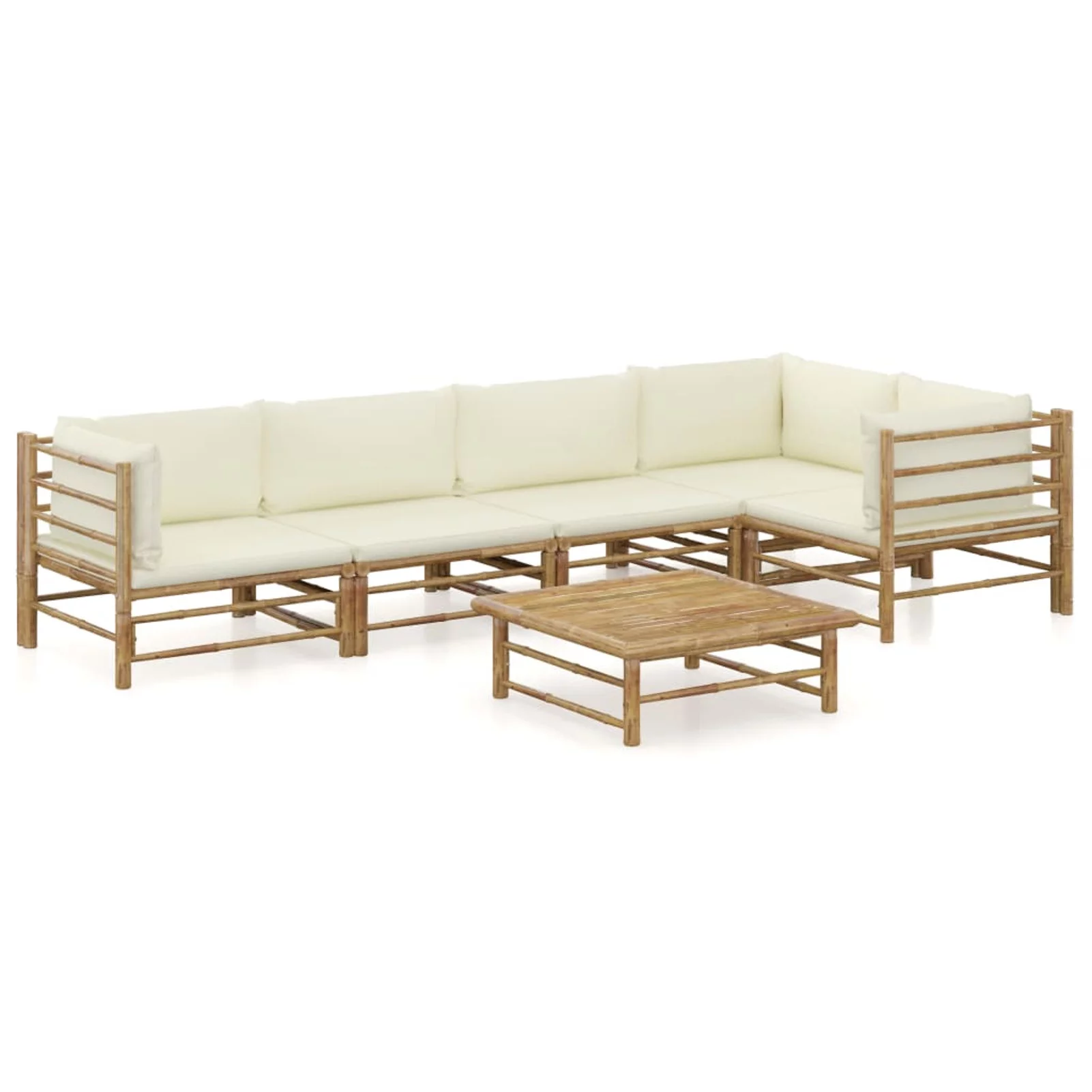 Dcenta 6 Piece Patio  Set with Cream White Cushions 2 Middle and 3 Corner Sofas, Side Table Conversation Set Bamboo  Sectional Sofa Set for Garden, Balcony, Yard, Deck