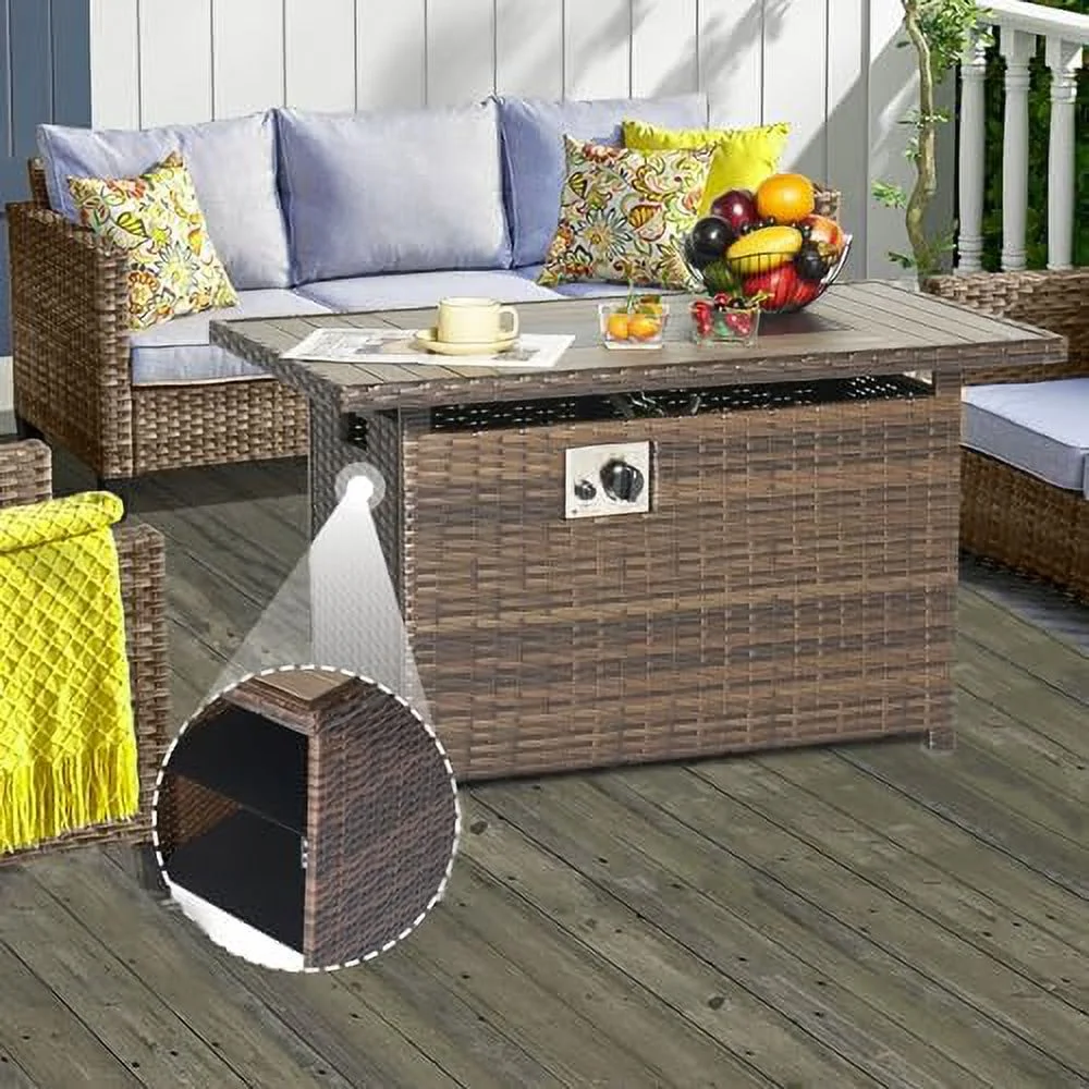 HBLUKDL Propane Fire Pit Table with   40 in CSA Propane Fire Table Rectangular  Auto Ignition Gas Fire Pit for Outside Patio Deck  Oxford Cover  Brown Wicker