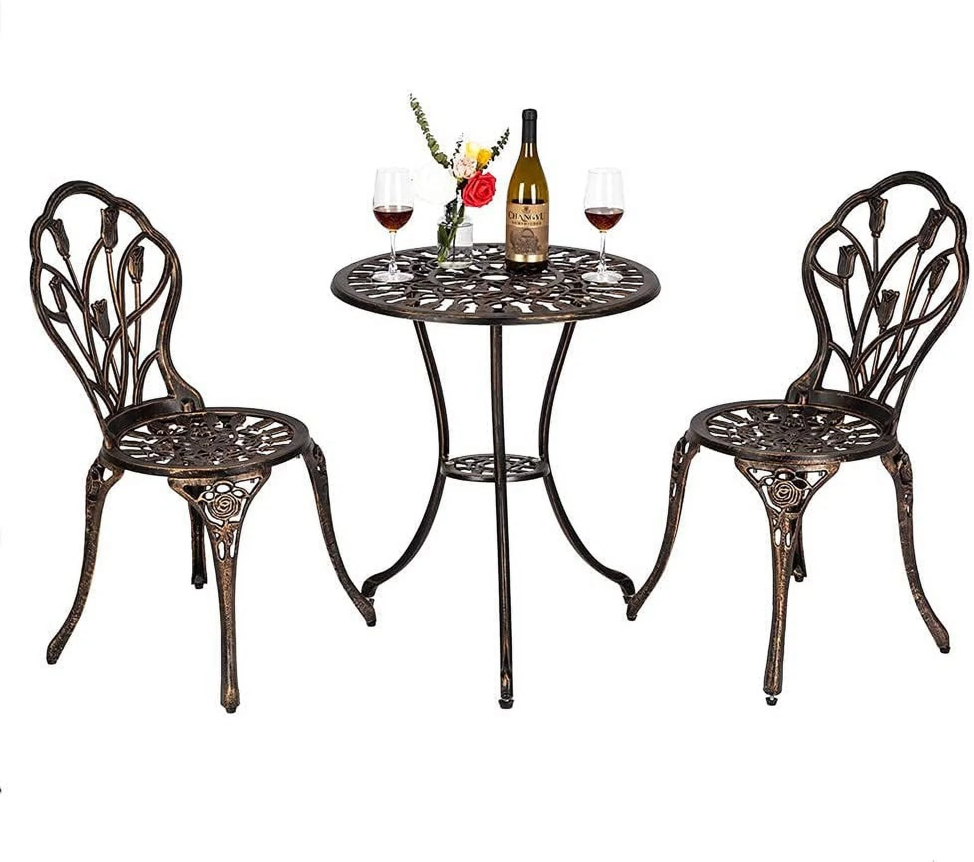Sets 3 Piece Cast Aluminum Bistro Table and Chairs, Rust Resistant Outdoor Bistro Set Elegant Table and Chairs Tulip Design