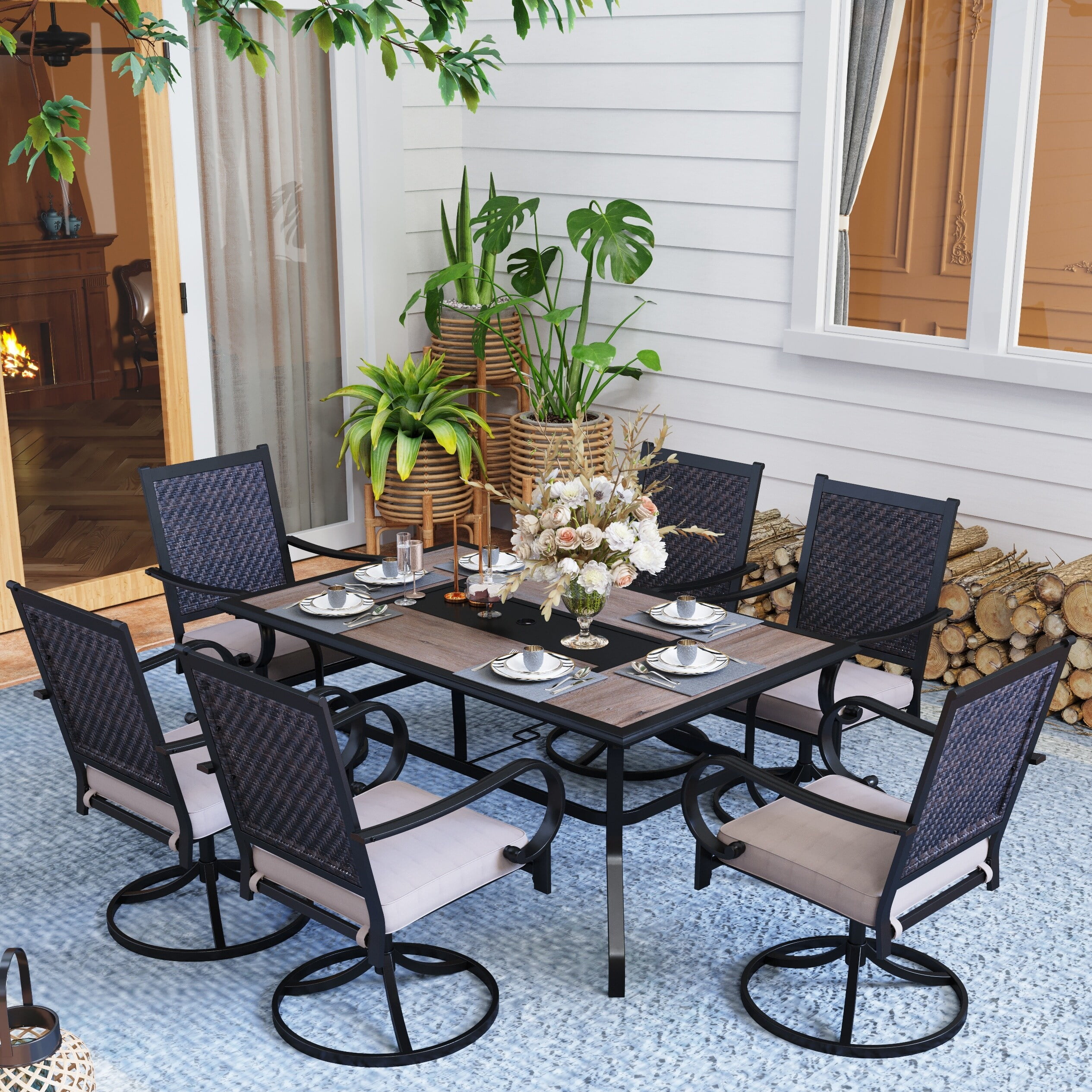 7-piece Patio Dining Set, 6 Rattan Swivel Chairs with Cushion and 1 Table with Umbrella Hole