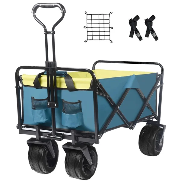 Fithood Collapsible Heavy Duty Beach Wagon Cart Outdoor Folding Utility Camping Garden Beach Cart with Universal Wheels Adjustable Handle Shopping (Green＆Blue)