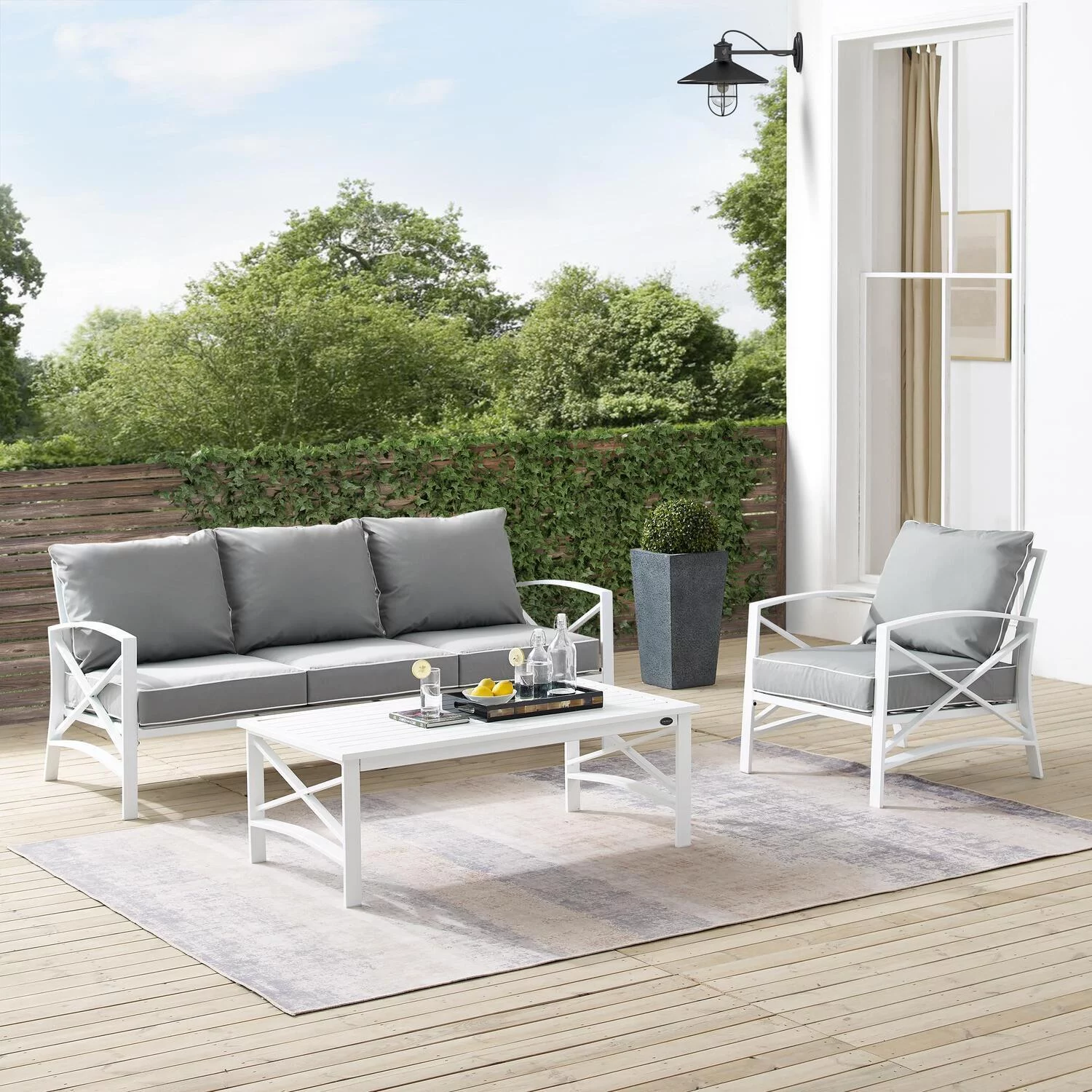 HomeStock Rustic Refinement 3Pc Outdoor Metal Sofa Set Gray/White - Sofa, Arm Chair & Coffee Table