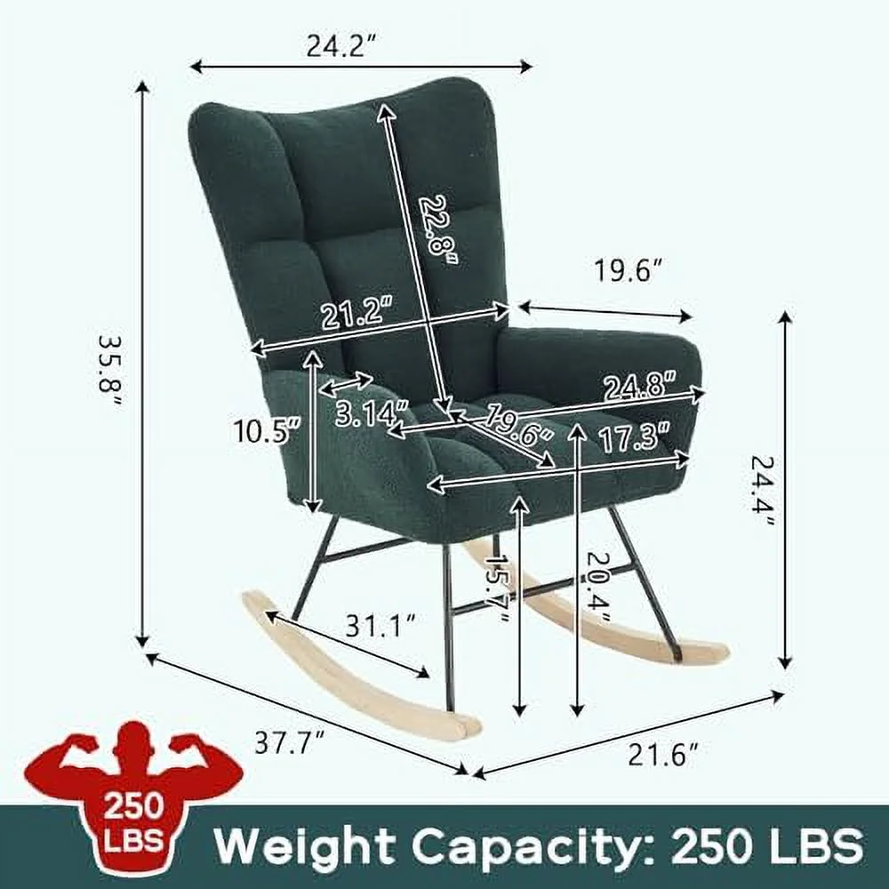 QUGDXVBN Modern Nursery Rocking Chair  Upholstered Glider Chair with High Backrest  Rocker Accent Armchair with Solid Wood Legs for Nursery Bedroom Living Room (Light Blue Teddy)