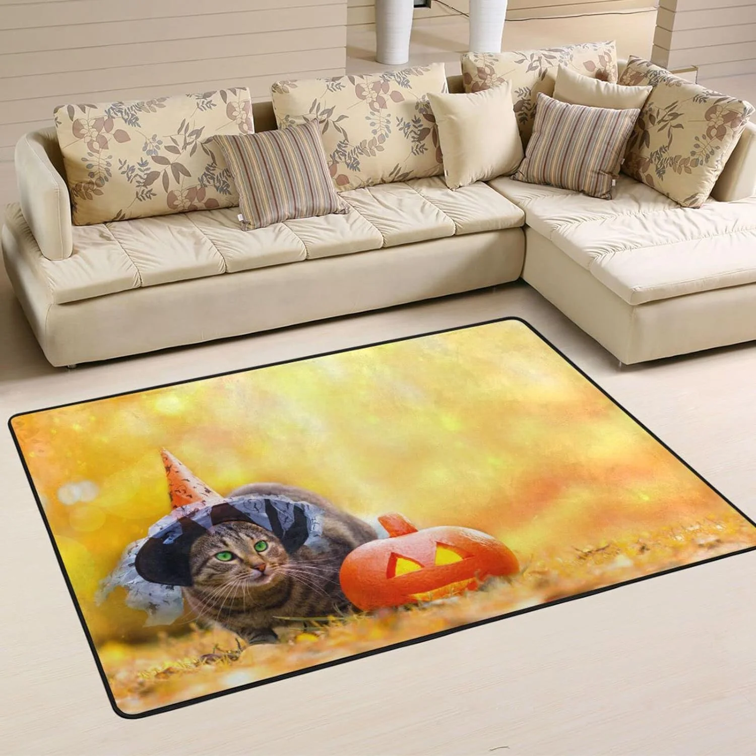 SKYSONIC Funny Tabby Cat Pumpkin Non-Slip Area Rug, Wizard Hat Autumn Leaves Floor Carpet Comfort Floor Mats Decor for Indoor Front Porch,Living Room, Bedroom,Kitchen,72