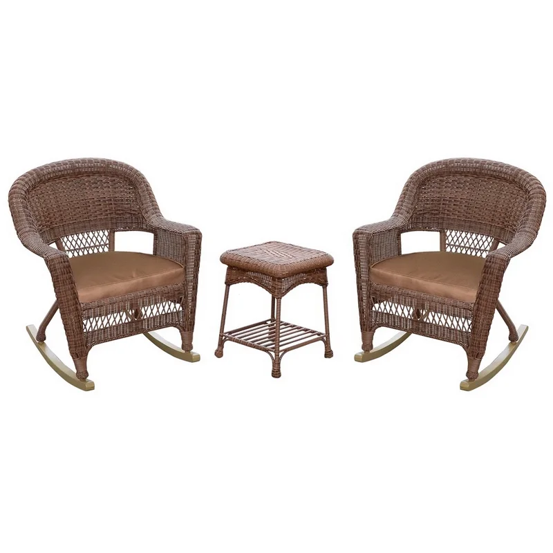 Jeco W00205R-C_2-RCES007 3Pc Honey Rocker Wicker Chair Set With Brown Cushion